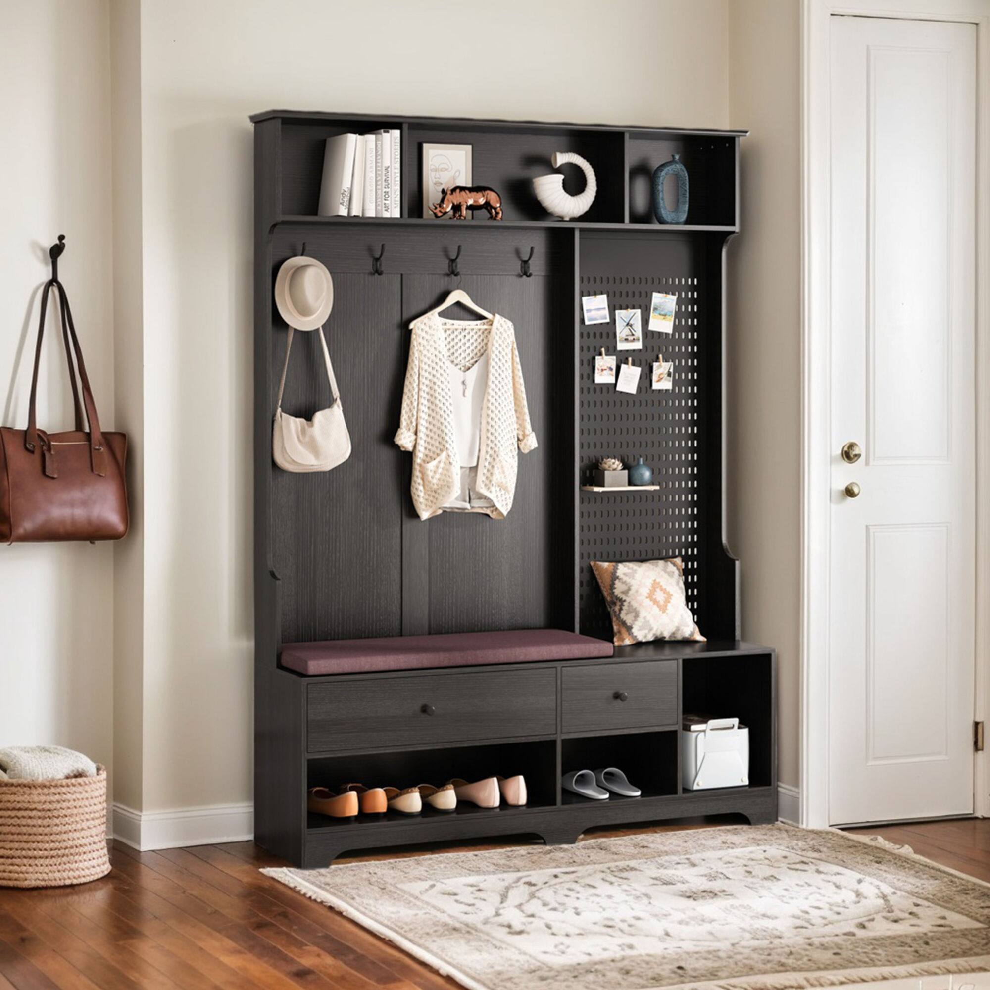 Left. GOODSILO - Multifunctional Entryway Storage Bench with Coat Rack, Shelves, and Customizable Pegboard for Organized Home Entry - Black.