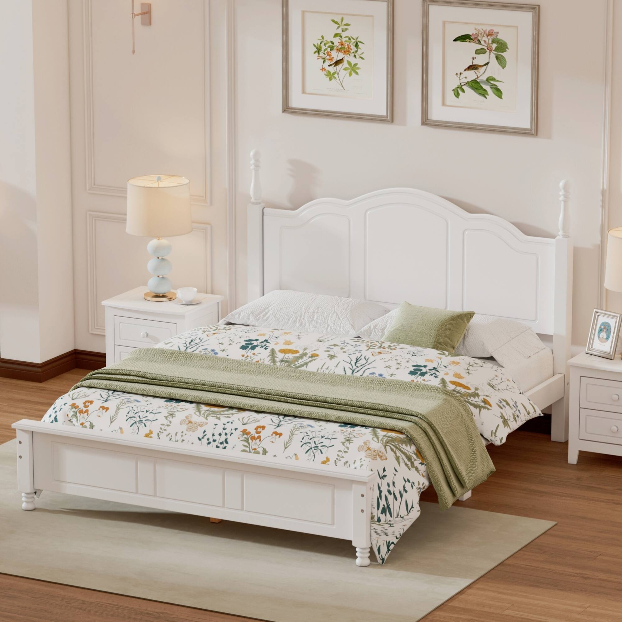 Angle. GOODSILO - Queen Size Retro Wood Platform Bed Frame with Wooden Slat Support for Mattress - White.