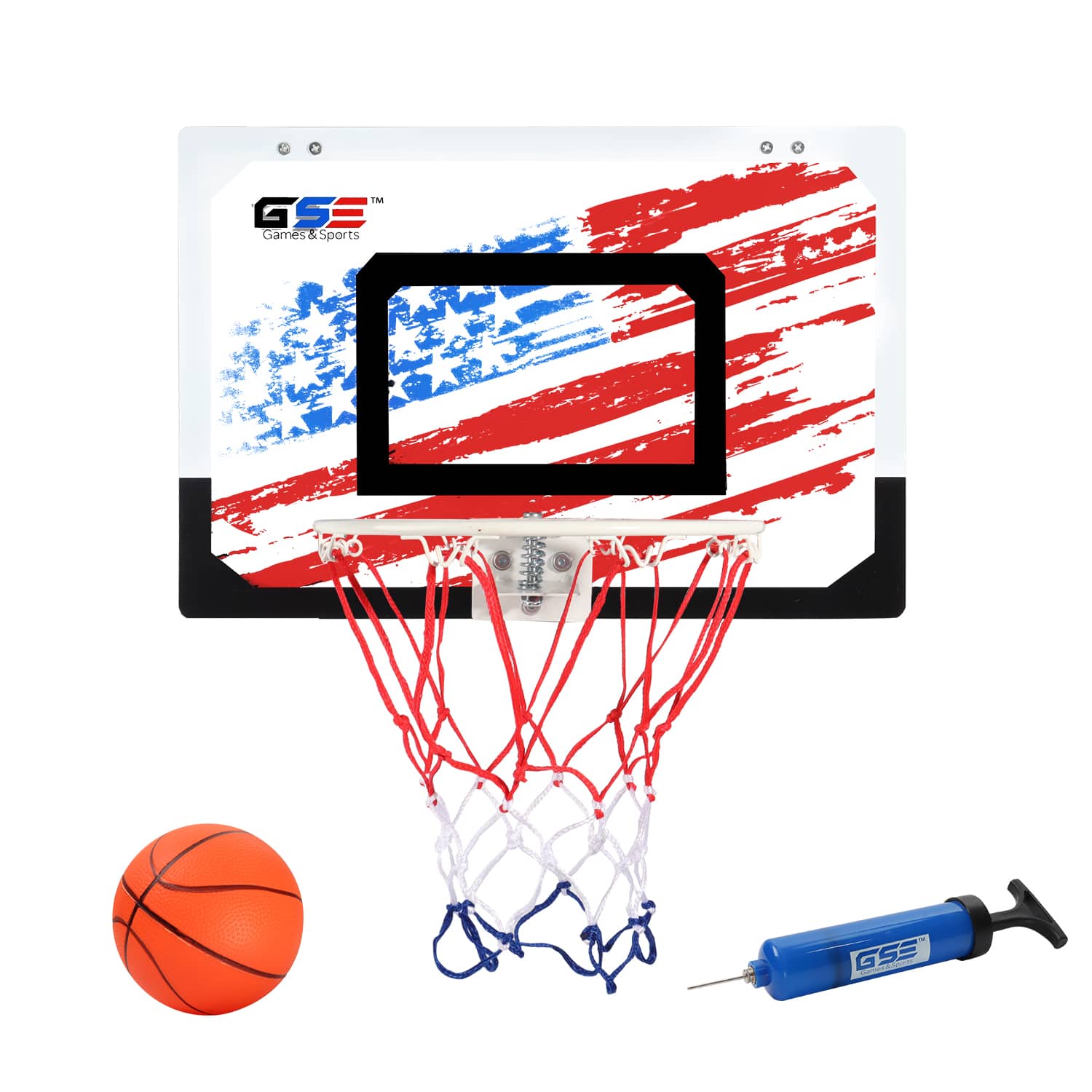 GSE Games & Sports Expert - 17.75" x 12" Over-The-Door Pro Basketball Hoop with Basketball & Pump, Mini Basketball Hoop Set(USA Flag)