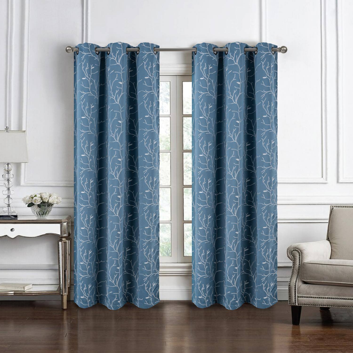 Angle. RT Designers Collection - RT Designer Collection Luciana Embroidered Blackout Luxurious Decorative Grommet Curtain Panel 54" x 90" Wedgwood - Wedgewood.