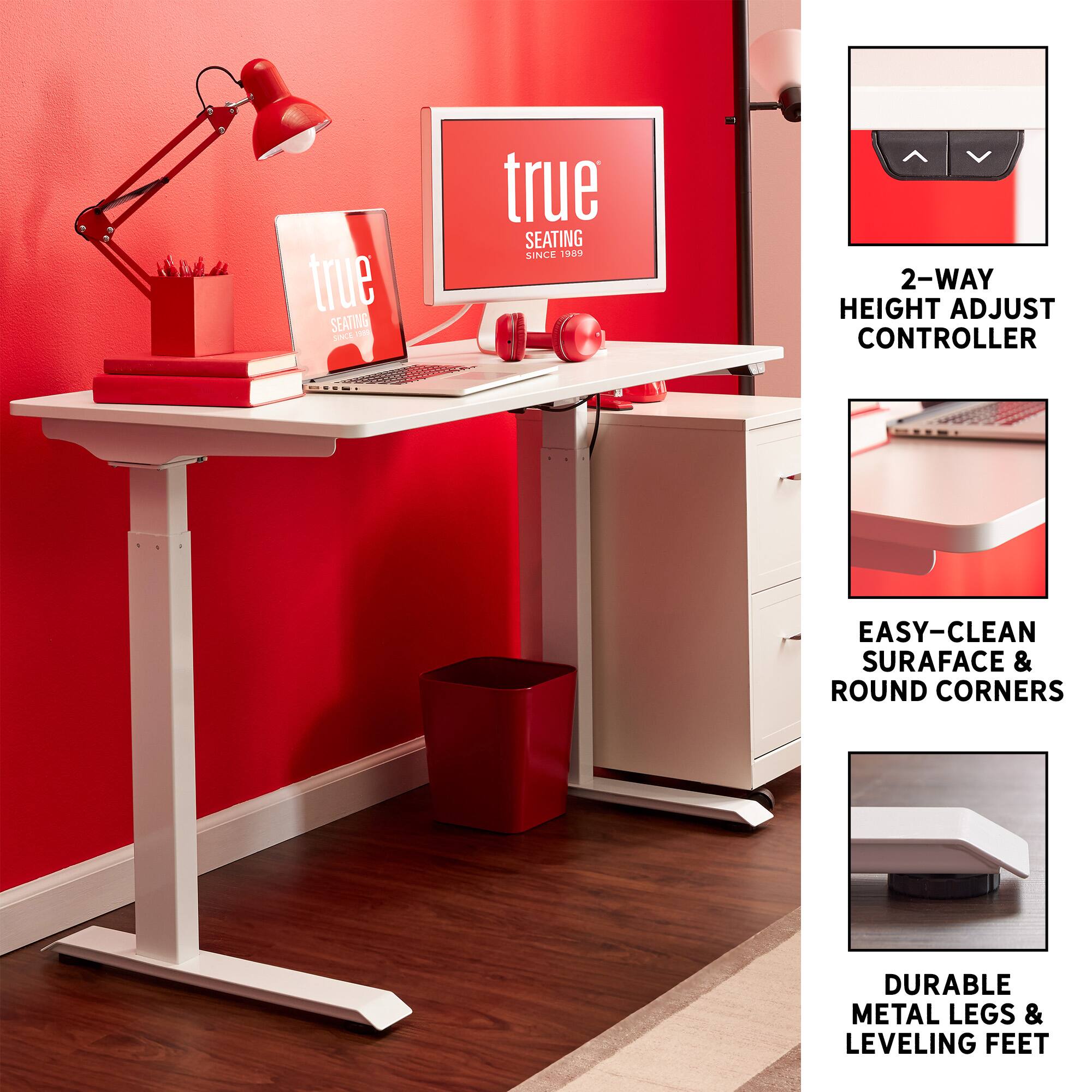True Seating is a company that has been in business since 1989. They specialize in ergonomic office furniture, such as the desk and chair seen in the image. The desk features a 2-way height adjust controller, which allows for easy adjustment of the chair's height to suit the user's needs. The desk also has a laptop stand, making it convenient for working on a laptop. The desk is designed with easy-clean surface and round corners, ensuring a hygienic and comfortable workspace. The desk is supported by durable metal legs and leveling feet, providing stability and a stable working environment.