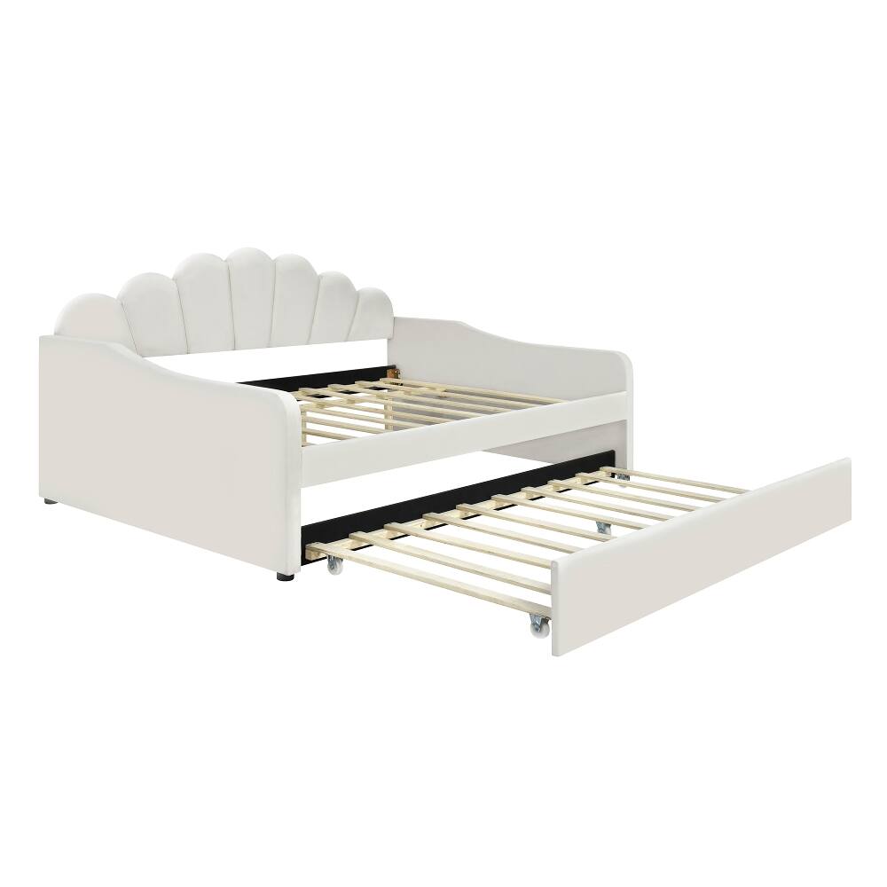 Alt View 9. Loheer - Loheer Full Size Upholstered Daybed with Trundle White Velvet Shell Shaped Backrest Sofa Bed - White.