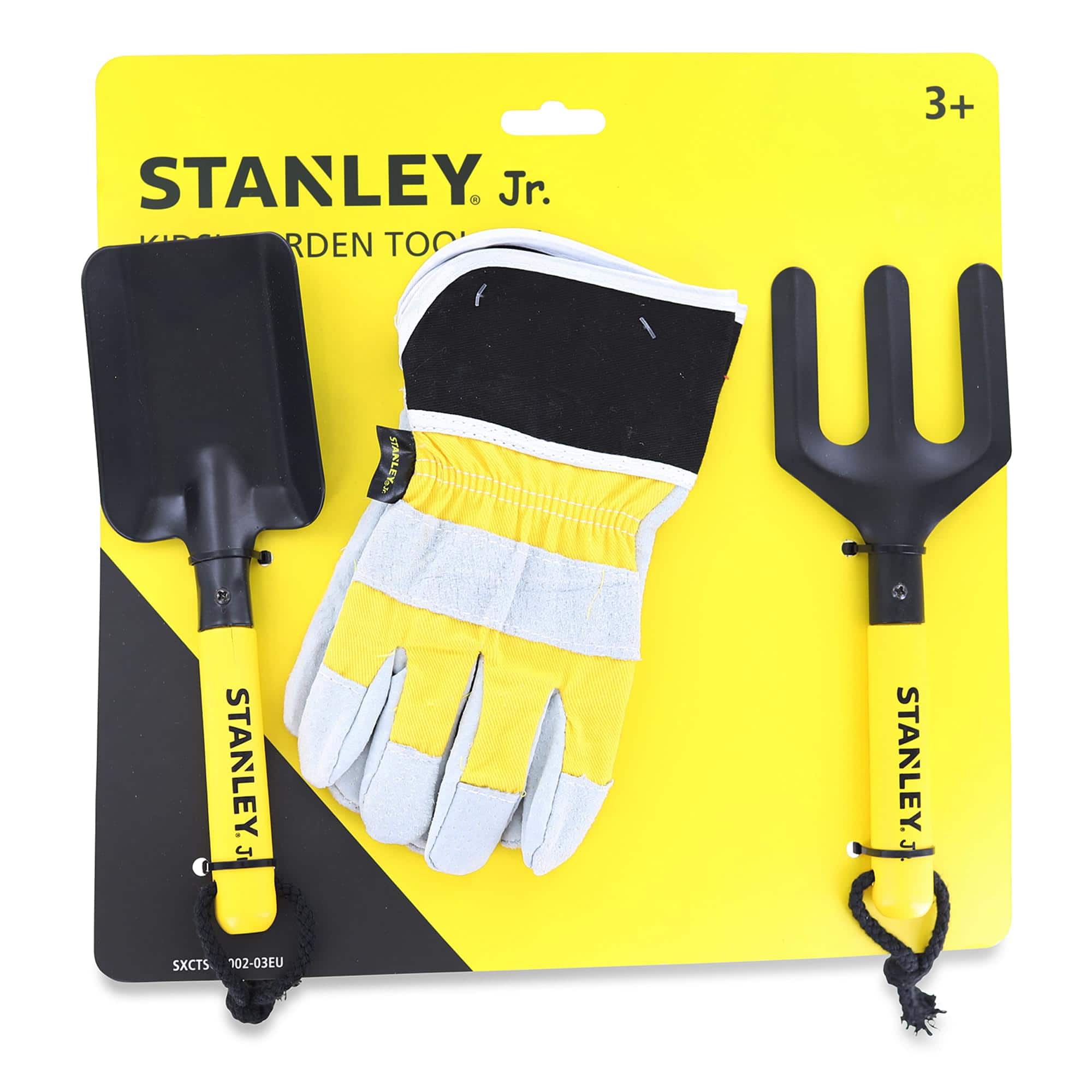 Red Tool Box - Stanley JR Garden Hand Tool 3 Piece Set | Hand Spade | Hand Fork | Work Gloves - Yellow