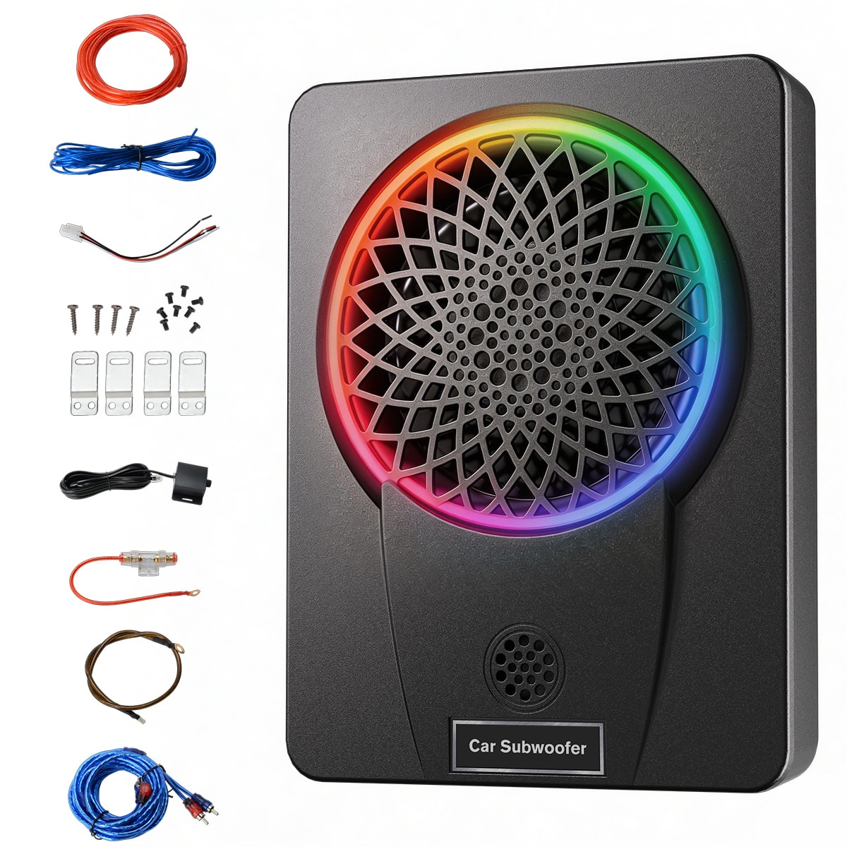 Junsun - All-in-One 10" 1200W Slim Under Seat Subwoofer with Built-in Amplifier (300W RMS) Adjustable with Colorful Lights - Black
