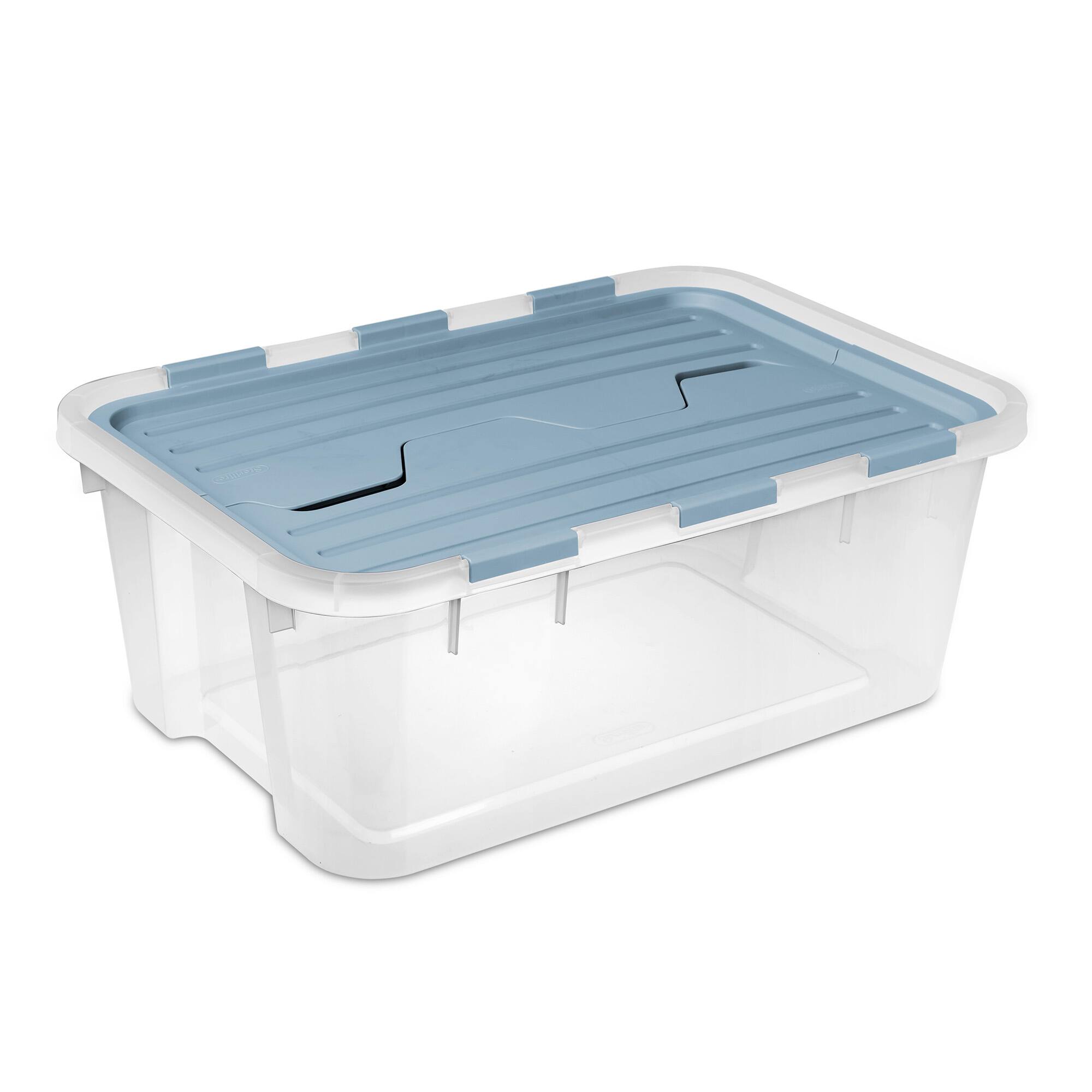 Front. Sterilite - Sterilite 40 Qt Hinged Lid Storage Box, Plastic Container, Washed Blue, 18 Pack.