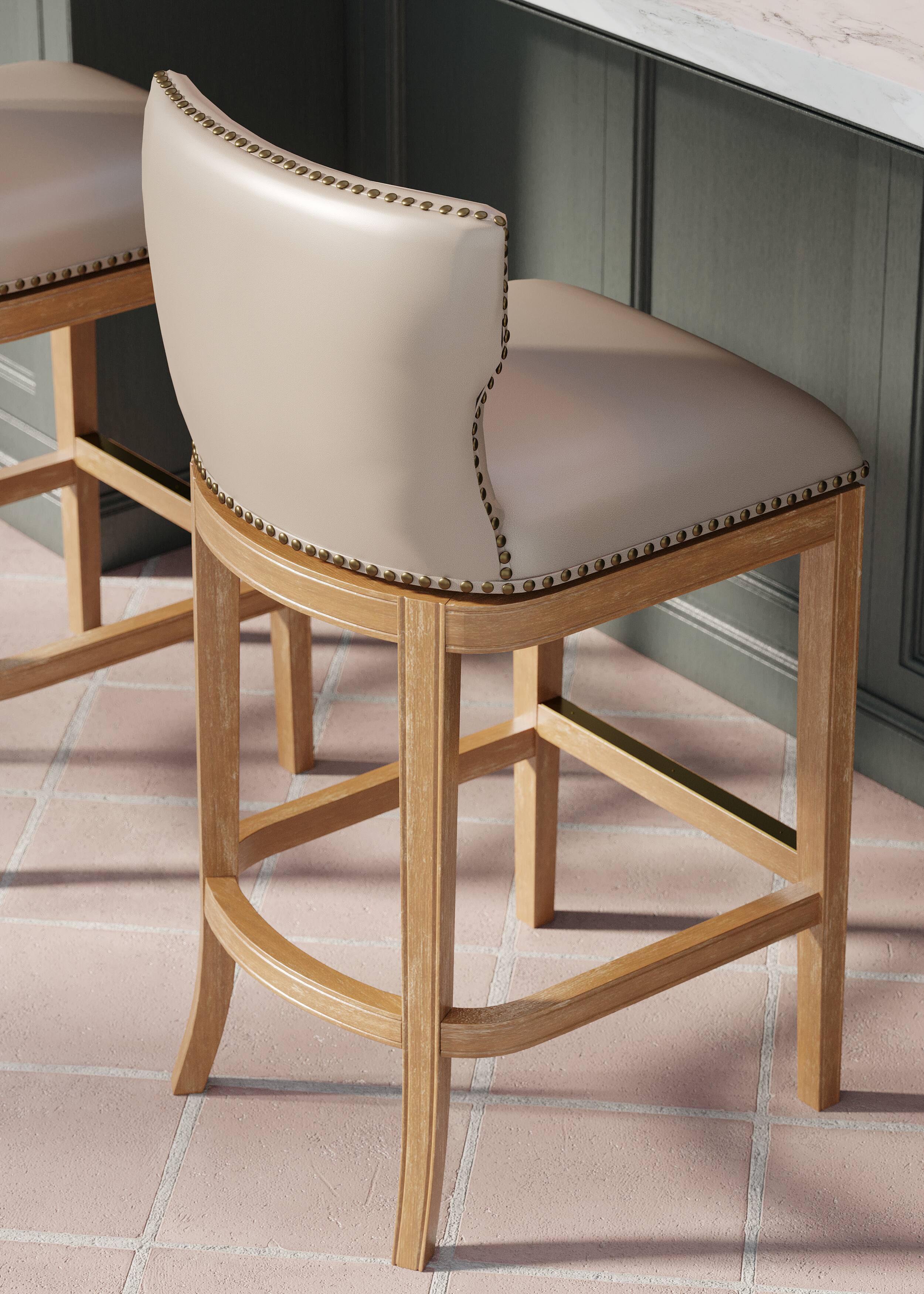 Left. Maven Lane - 31' Hugo Bar Stool in Weathered Oak Finish with Vegan Leather - Weathered Oak.