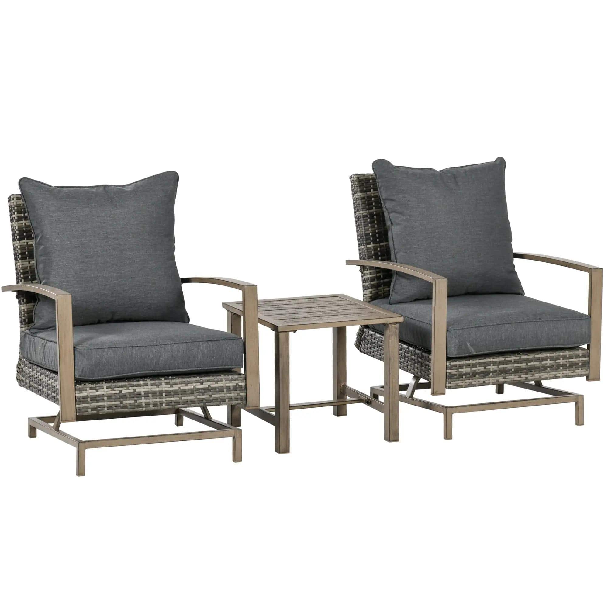 Resenkos - 3-Piece Rattan Patio Bistro Furniture Set, Soft Cushions and Rocking Function - Dark Gray
