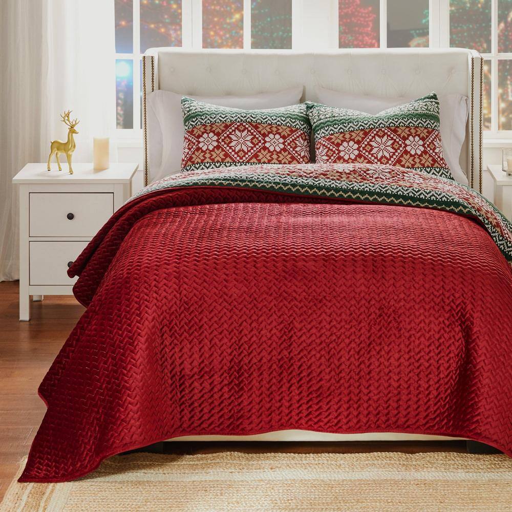 Alt View 2. Greenland Home Fashions - Greenland Home Fashion Fair Isle 3 Pieces Quilt Set Including Pillow Sham Full/Queen Red - Red.