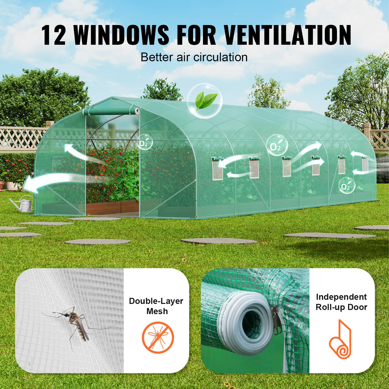 12 WINDOWS FOR VENTILATION Better air circulation, Double-Layer Mesh, Independent Roll-up Door