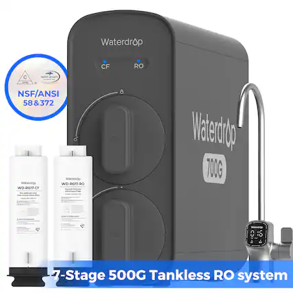 Waterdrop CF RO C WATER QUALITY NSF/ANSI 58 & 372 & Waterdrop WaterdrOp WD-RG17-RO WD-RG17-CF devere Crmania Membrane I me-seusmant - - - - o tcarban -o cutar - - - 8 CF Vatecdilo 700G RO Waterdrop C C L - d a0 7-Stage 500G Tankless RO system