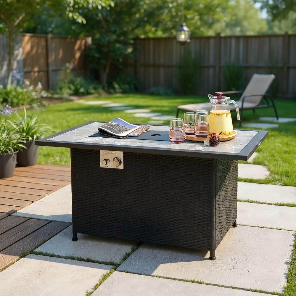 Kadyn - Fire Pit Table Fire Bowl TableOutdoor Firepit Table52 Inch Rattan Wicker Propane Fire Pit Table with Rain Cover and - Black