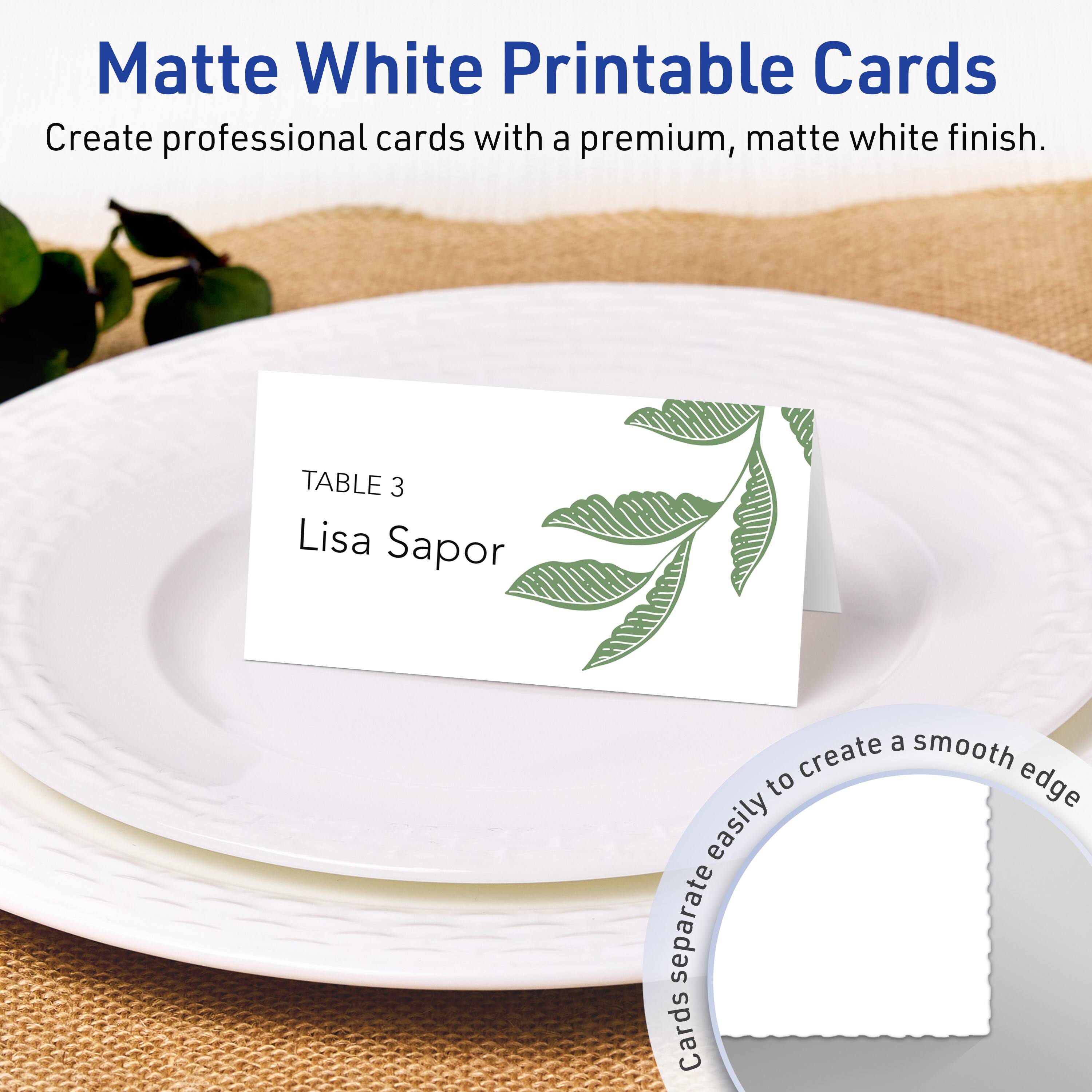 Matte White Printable Cards  
Create professional cards with a premium, matte white finish.

TABLE 3  
Lisa Sapor

Cards separate easily to create a smooth edge