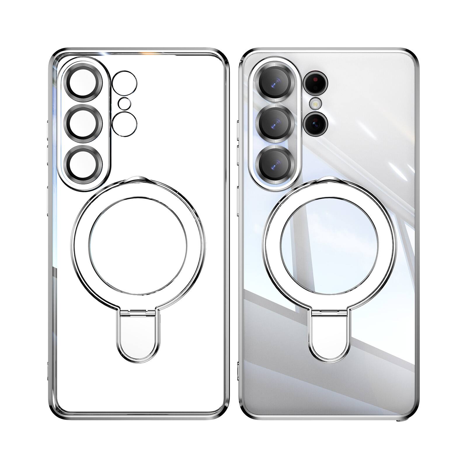 Angle. Dteck - Clear Mag Safe Case for Samsung Galaxy S26 Ultra,Transparent Back Plated Bumper Shockproof Metal Stand Cover + Lens Film - Silver.
