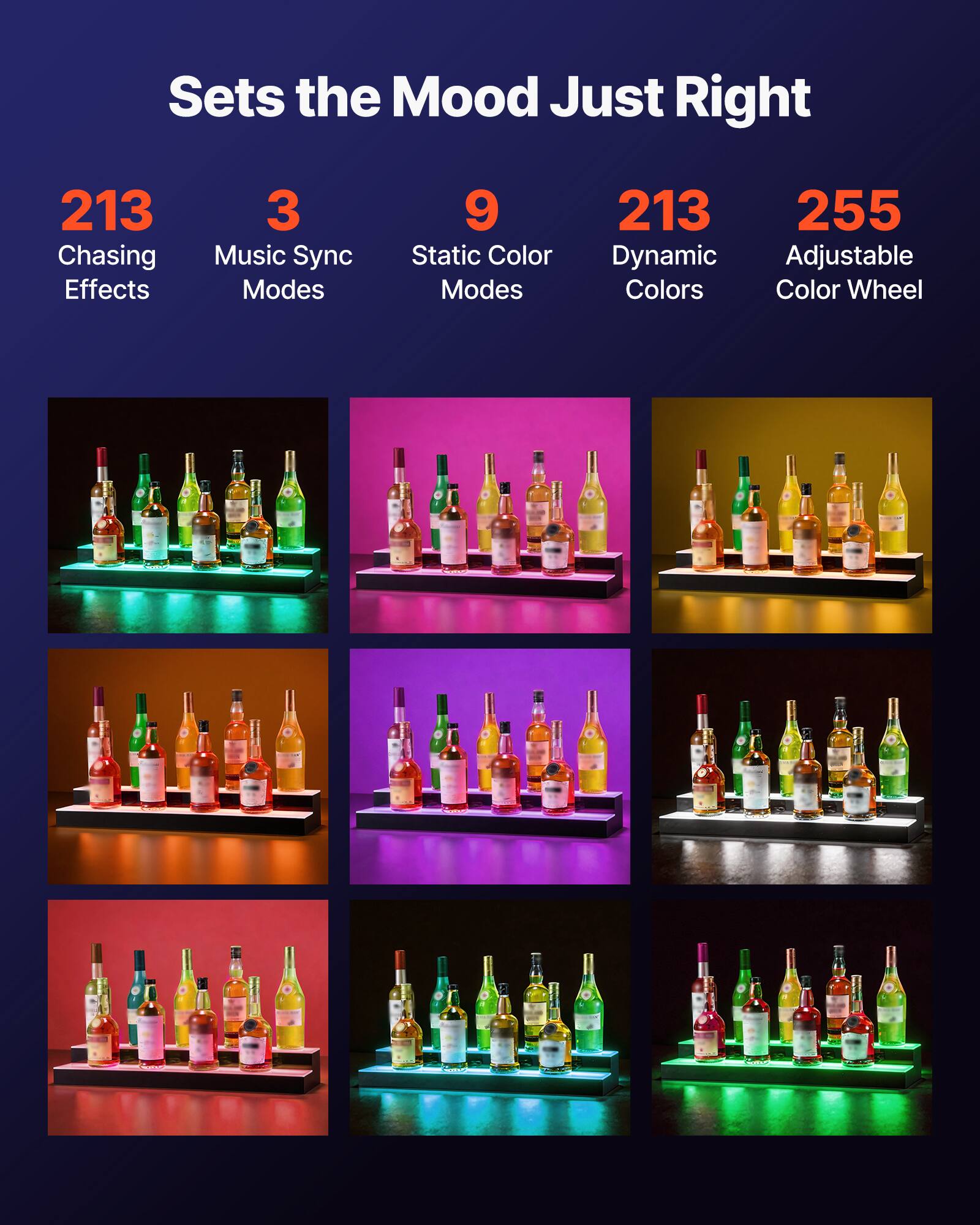 Sets the Mood Just Right

- 213 Chasing Effects
- 3 Music Sync Modes
- 9 Static Color Modes
- 213 Dynamic Colors
- 255 Adjustable Color Wheel