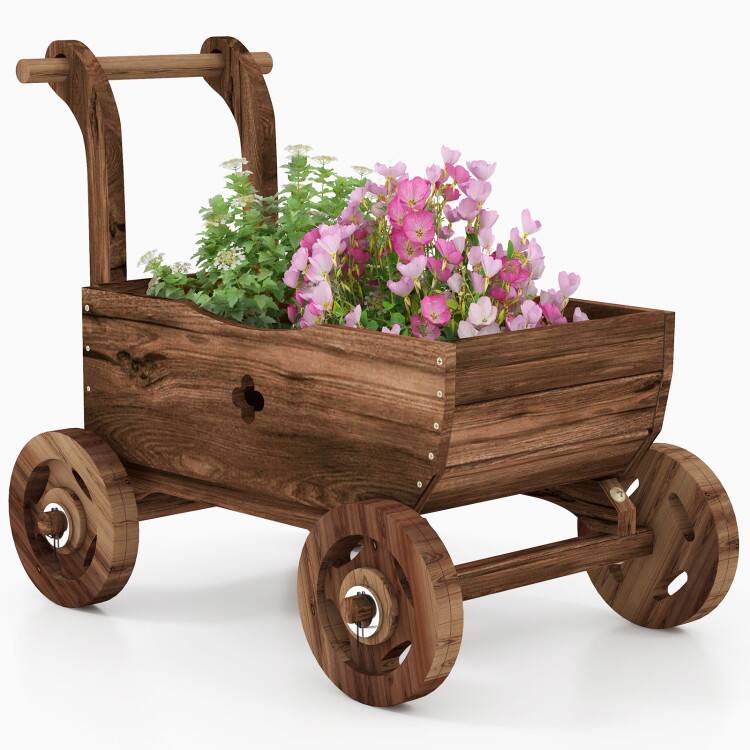 Left. Mondawe - 50 Inch Wooden Planter Box with Trellis and Lockable Wheels, Raised Garden Bed - Brown.