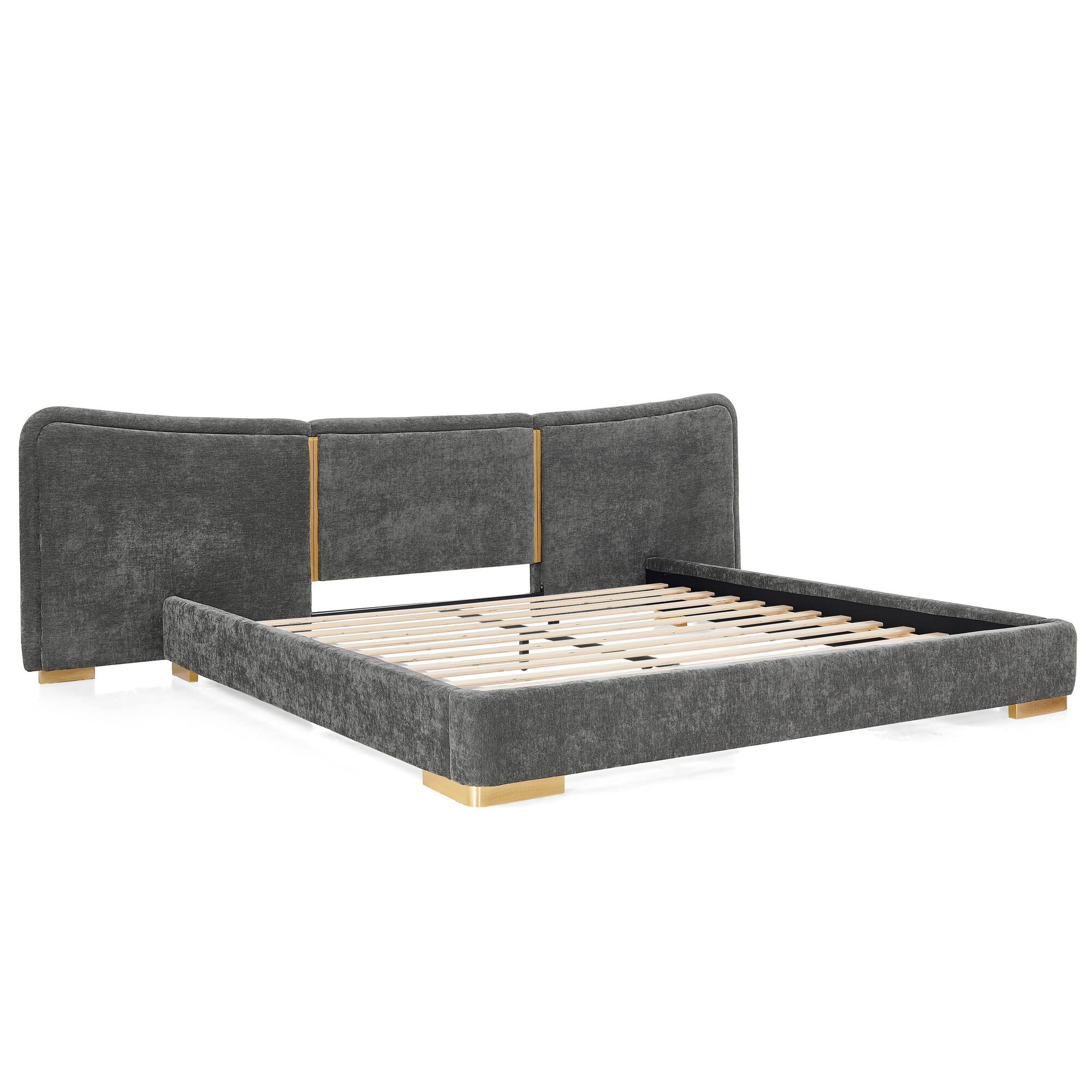 Back. Whisen - Upholstered Platform Bed,Soft Chenille Fabric Frame with Curved Headboard & Metal Legs - Dark Gray.