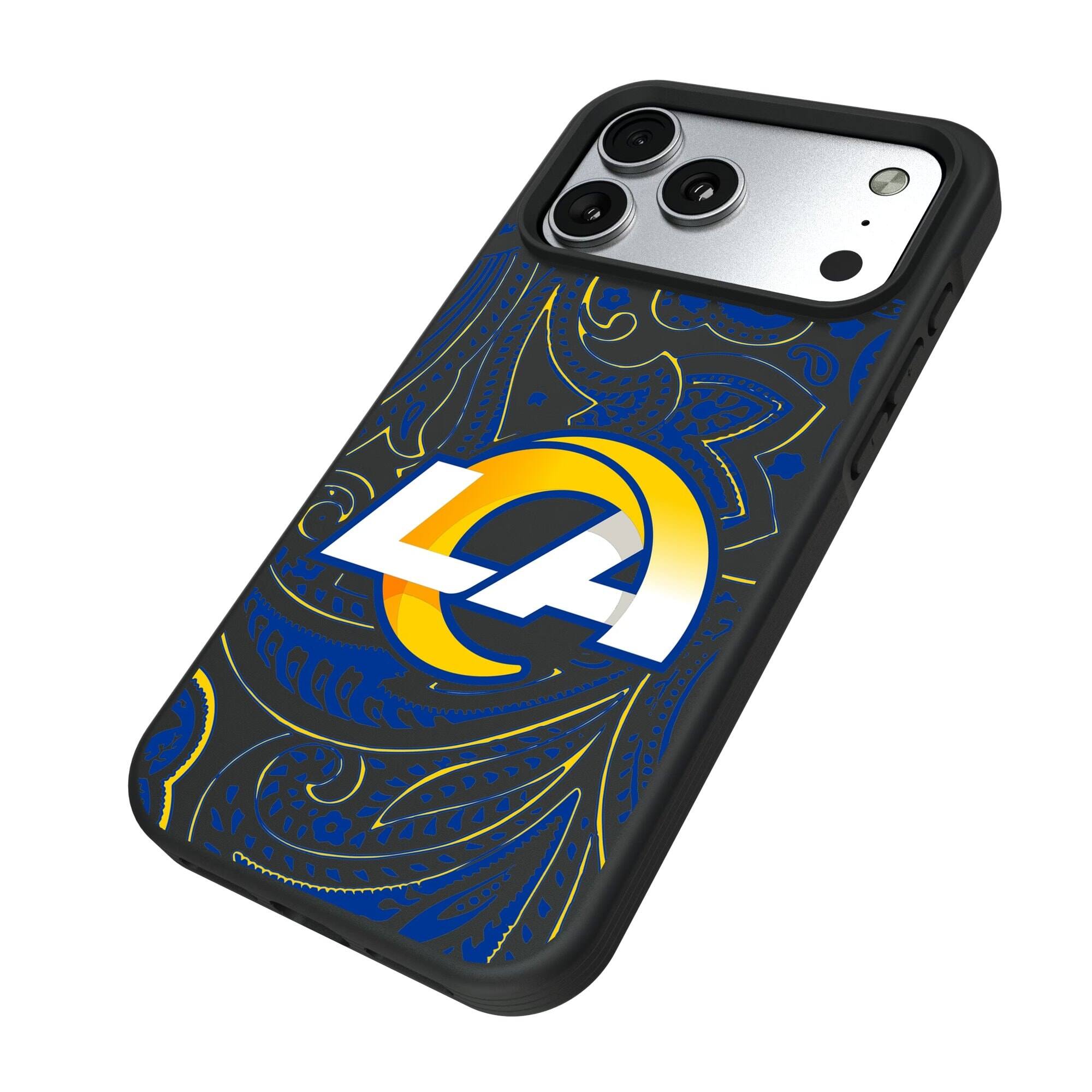 Alt View 1. Keyscaper - Los Angeles Rams iPhone Paisley Design Bump Case - 15 Pro - Multicolor.