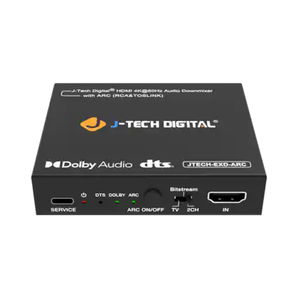 J-Tech Digital HDMI 4K@60Hz Audio Downmixer with ARC (RCA&TOSLINK) J-TECH DIGITAL ... Dolby Audio dts d JTECH-EXD-ARC DTS DOLBY ARC Bitstream SERVICE ARC ON/OFF TV 2CH IN