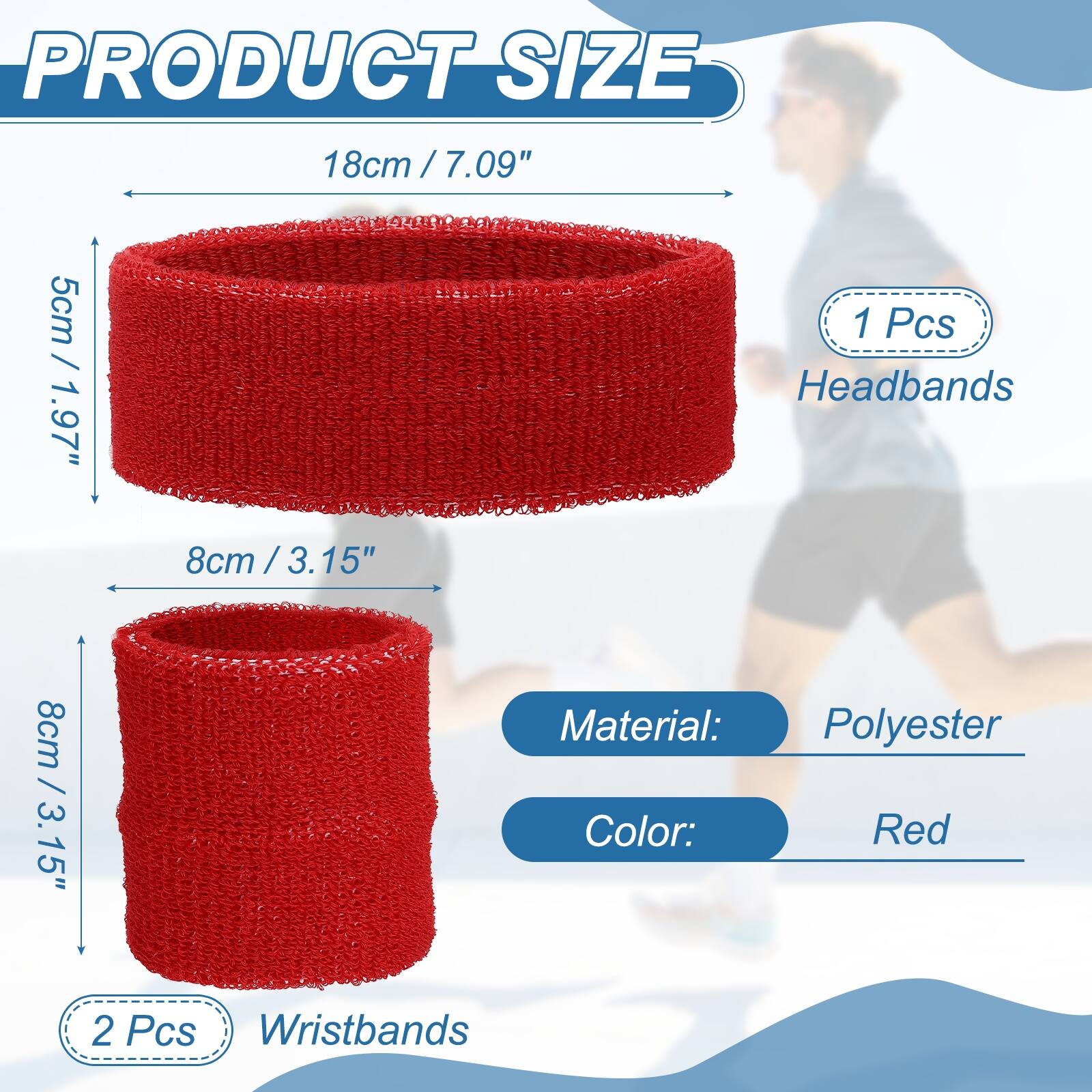 PRODUCT SIZE

18cm / 7.09"  
5cm / 1.97"  
8cm / 3.15"  

1 Pcs Headbands  
8cm / 3.15"  

Material: Polyester  
Color: Red  

2 Pcs Wristbands