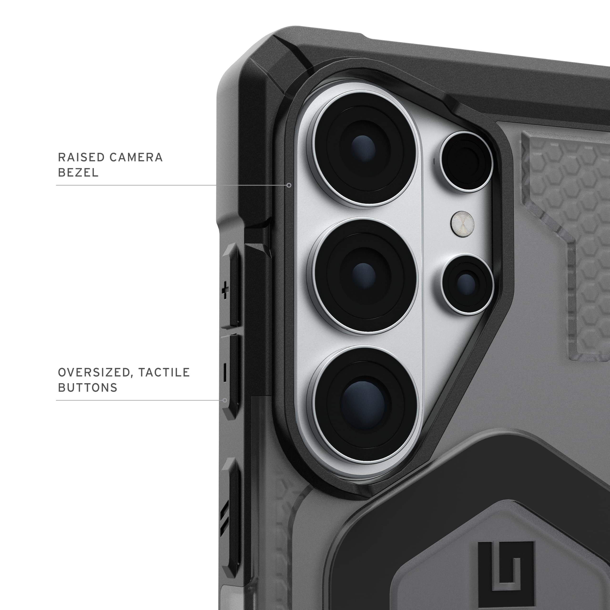 RAISED CAMERA BEZEL  
OVERSIZED, TACTILE BUTTONS