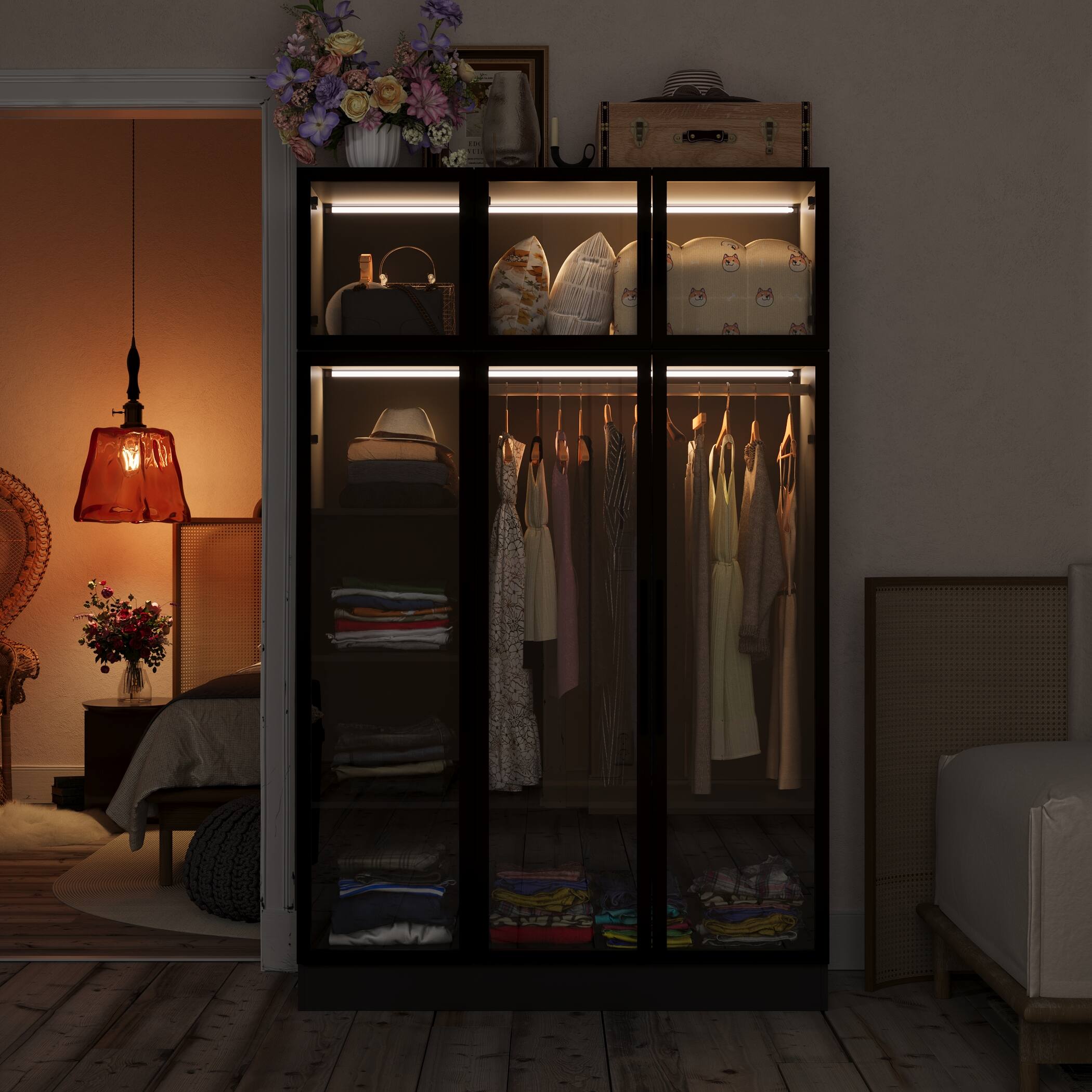 Alt View 2. FUFU & GAGA - FUFU&GAGA Freestanding Wardrobe with Tempered Glass Doors & RGB LED Lights Armoires - Black.