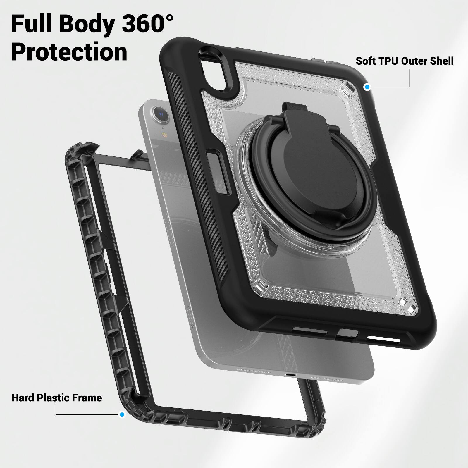 Full Body 360° Protection  
Soft TPU Outer Shell  
Hard Plastic Frame