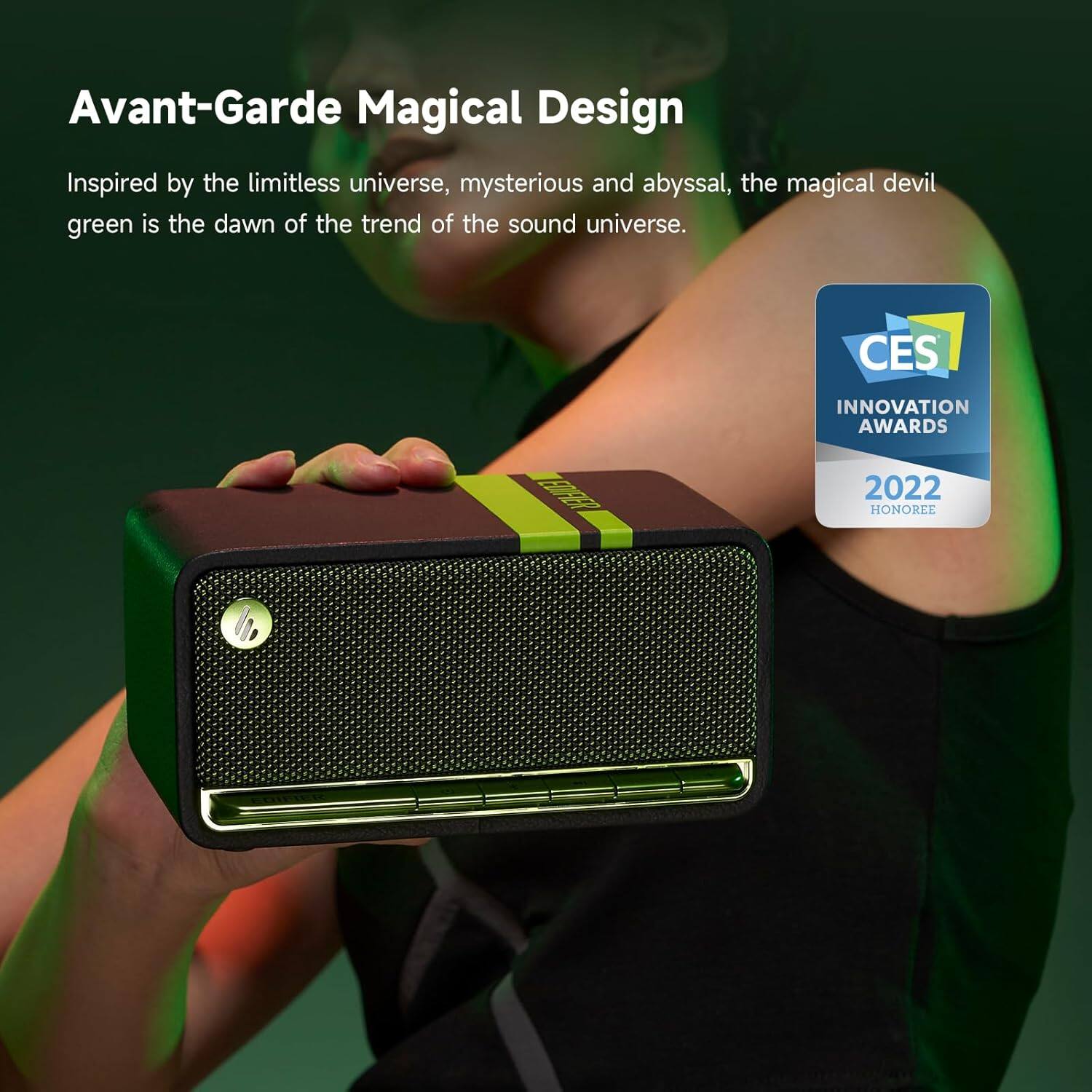 Avant-Garde Magical Design: Inspired by the limitless universe, mysterious and abyssal, the magical devil green is the dawn of the trend of the sound universe. CES 2022 Innovation Awards Honoree.