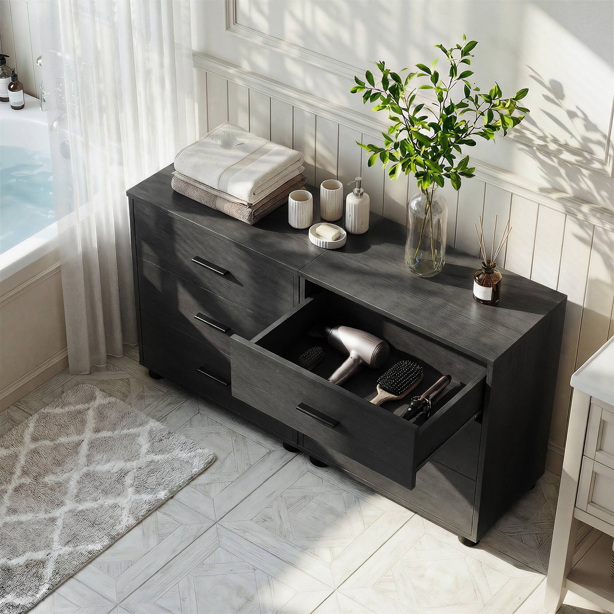 Left. Aheaplus - 2-Pack Wooden Closet Organizer - 3 Drawers, Multifunctional Bedside Nightstand for Bedroom - Black.