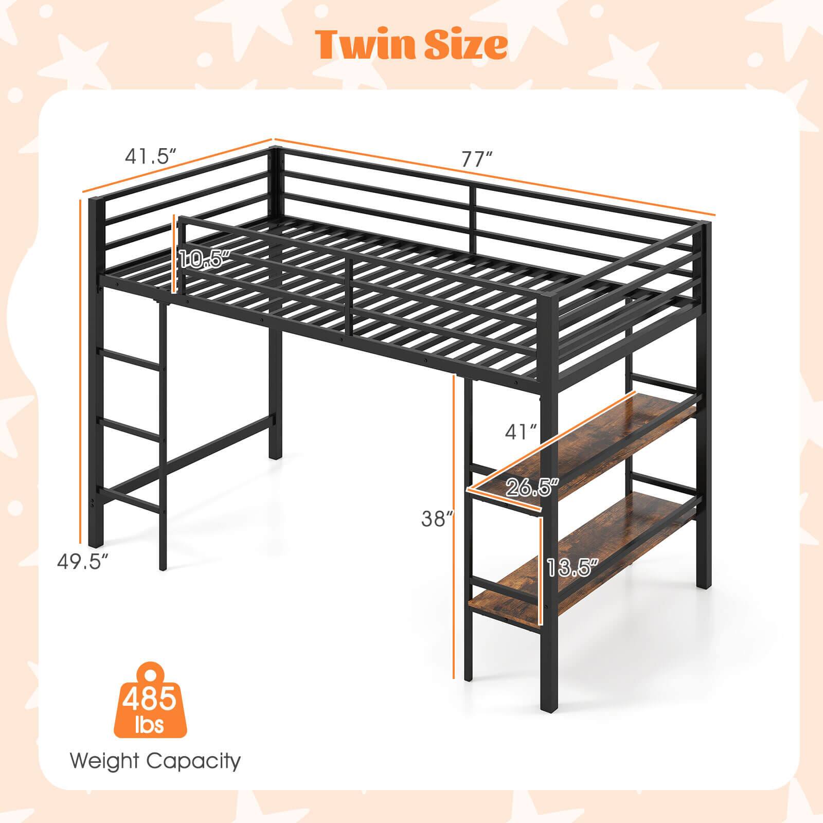 Twin Size

- 77" (Width)
- 41.5" (Height)
- 41" (Depth)
- 38" (Ladder Width)
- 26.5" (Ladder Depth)
- 10.5" (Bed Height)
- 13.5" (Ladder Step Height)
- 49.5" (Total Height)

Weight Capacity: 485 lbs