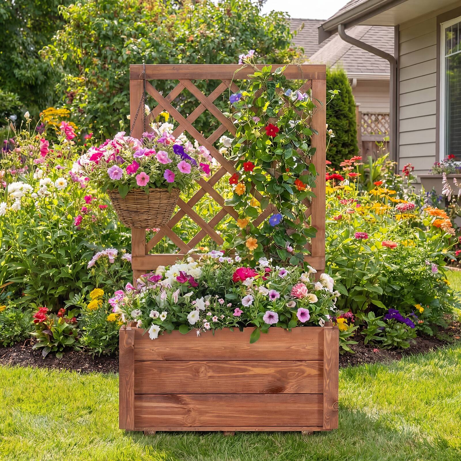 Alt View 4. Costway - Costway 1 PCS 40" Tall Wooden Raised Garden Bed with Lattice Trellis for Climbing Vine Flower - Orange.