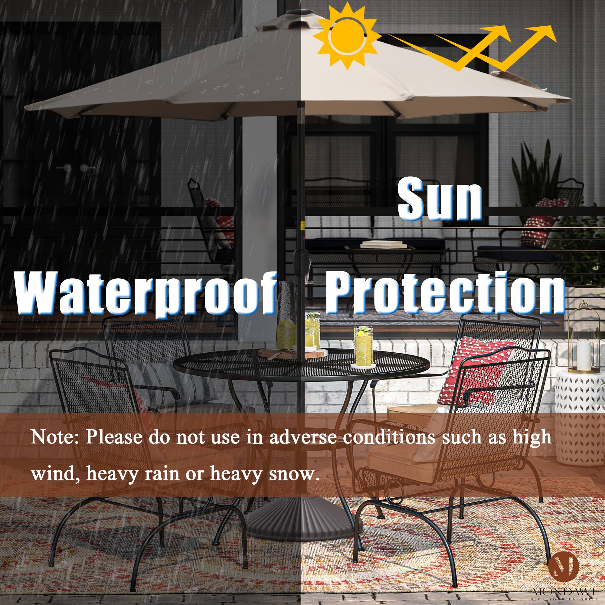 Sun Waterproof Protection

Note: Please do not use in adverse conditions such as high wind, heavy rain or heavy snow.