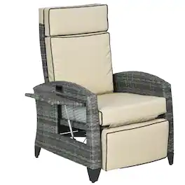 Outsunny - Outdoor Recliner Chair with Cushions, PE Wicker Reclining Patio Lounge Chair with Adjustable Footrest, Armrests - Khaki