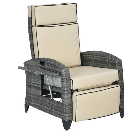 Front. Outsunny - Outdoor Recliner Chair with Cushions, PE Wicker Reclining Patio Lounge Chair with Adjustable Footrest, Armrests - Khaki.