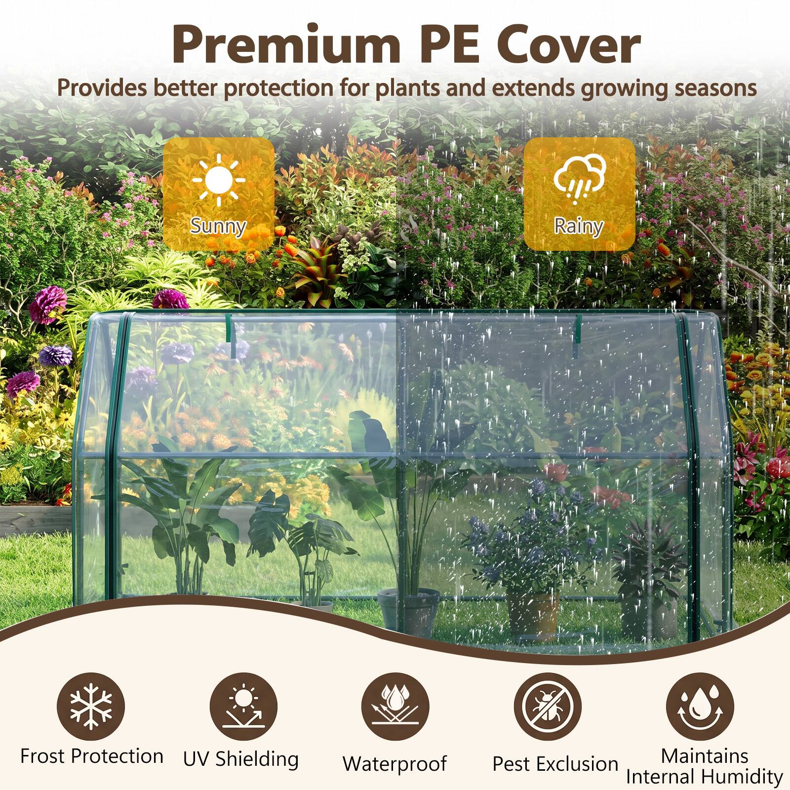 Premium PE Cover Provides better protection for plants and extends growing seasons

- Sunny
- Rainy

Frost Protection
UV Shielding
Waterproof
Pest Exclusion
Maintains Internal Humidity