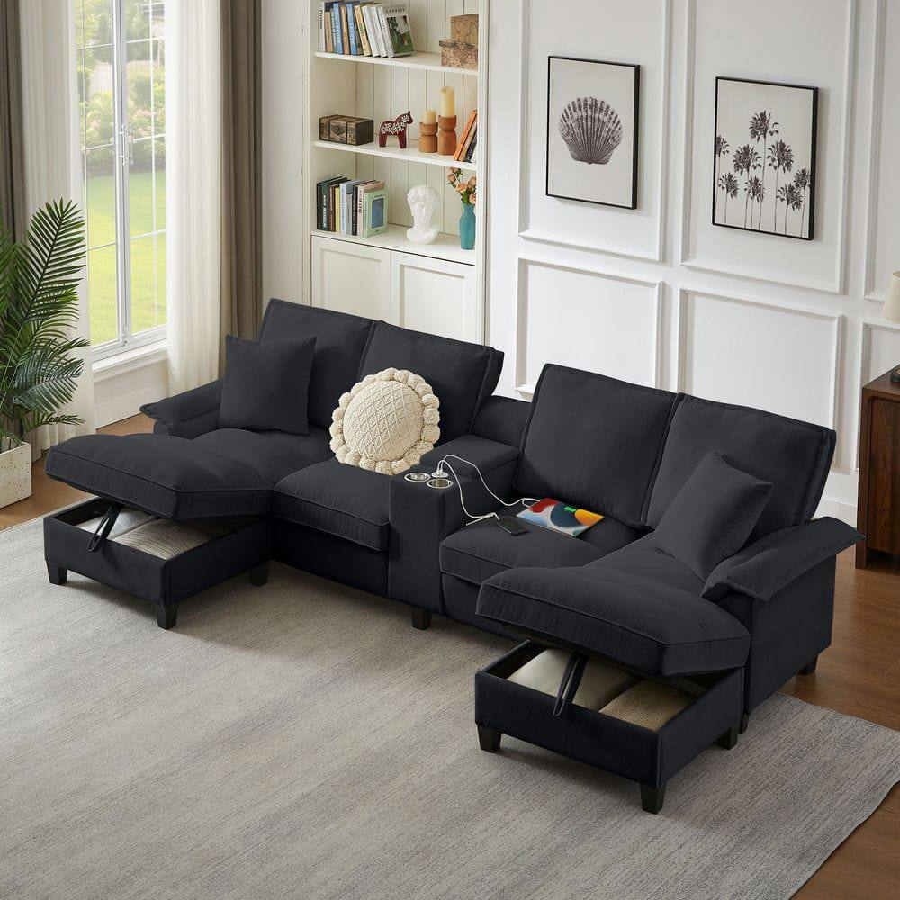 Alt View 9. Kadyn - 120" U-Shaped Sectional Sofa Bed, 4-Seater Corduroy with Storage and Cup Holders, Black - Black.