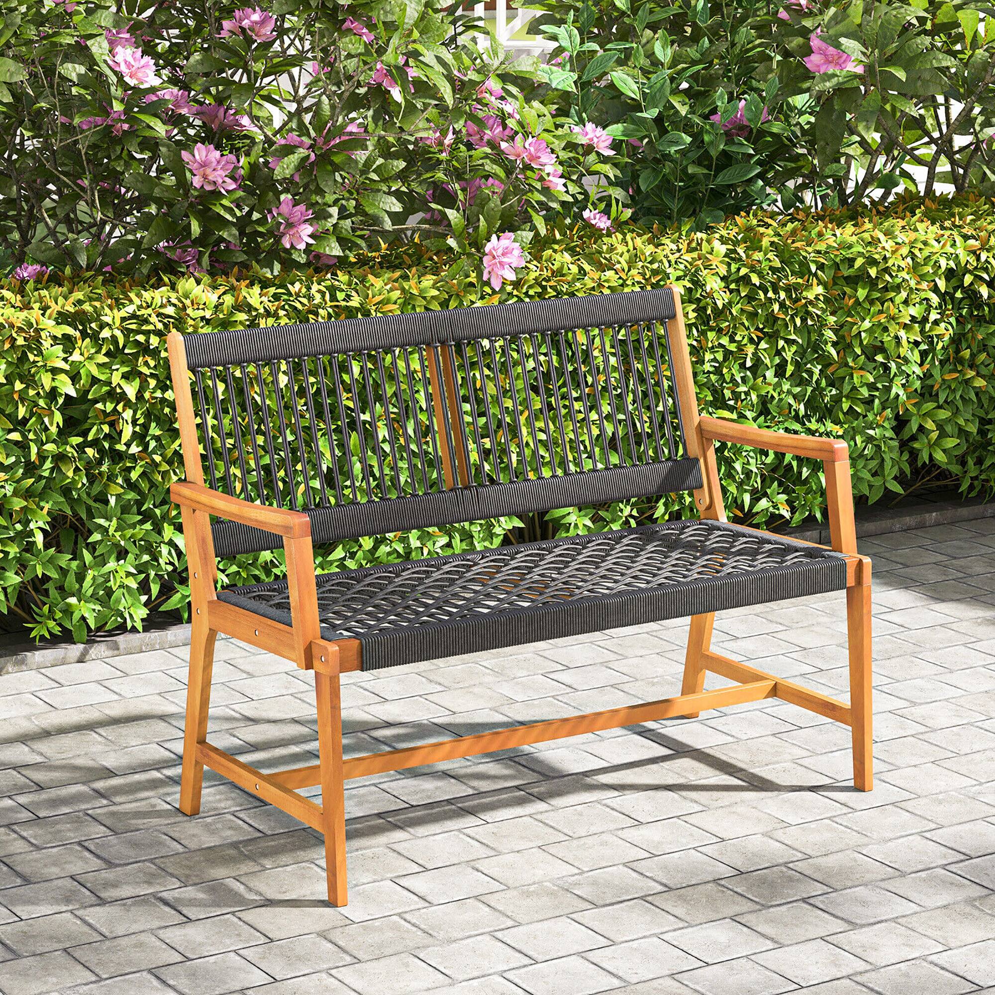 Alt View 3. Gymax - Gymax Patio 2-Person Acacia Wood Bench All-Weather Rope Woven Outdoor Garden Natural - Black, Natural.