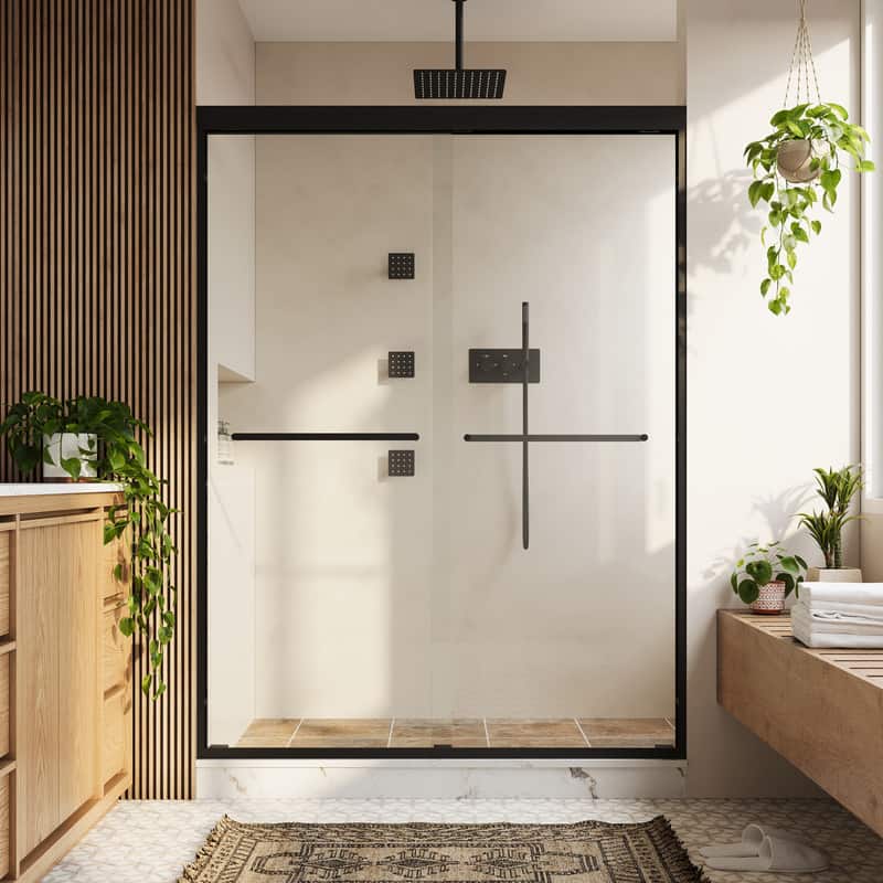 WELLFOR - 50-54 in W x 72 in H Framed Shower Door with Double Sliding & Stainless Steel Towel Bar Handle, 1/4" Tempered Glass - Matte Black