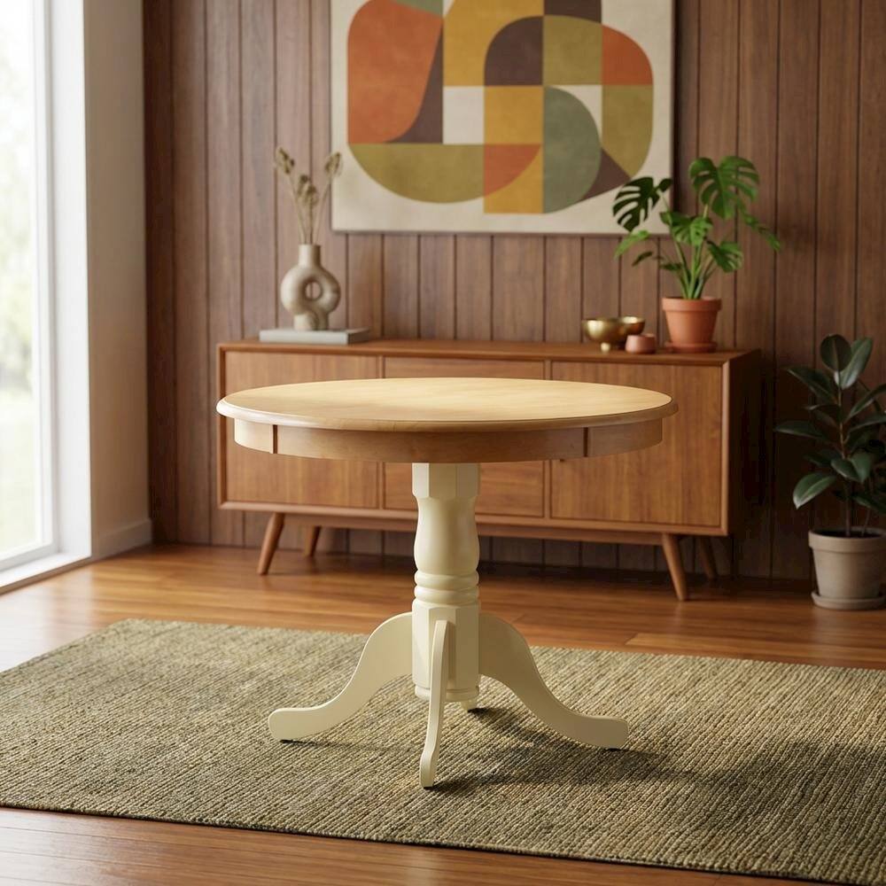Alt View 3. FurniFact - Oak Round Pedestal Dining Table - Oak & Buttermilk.