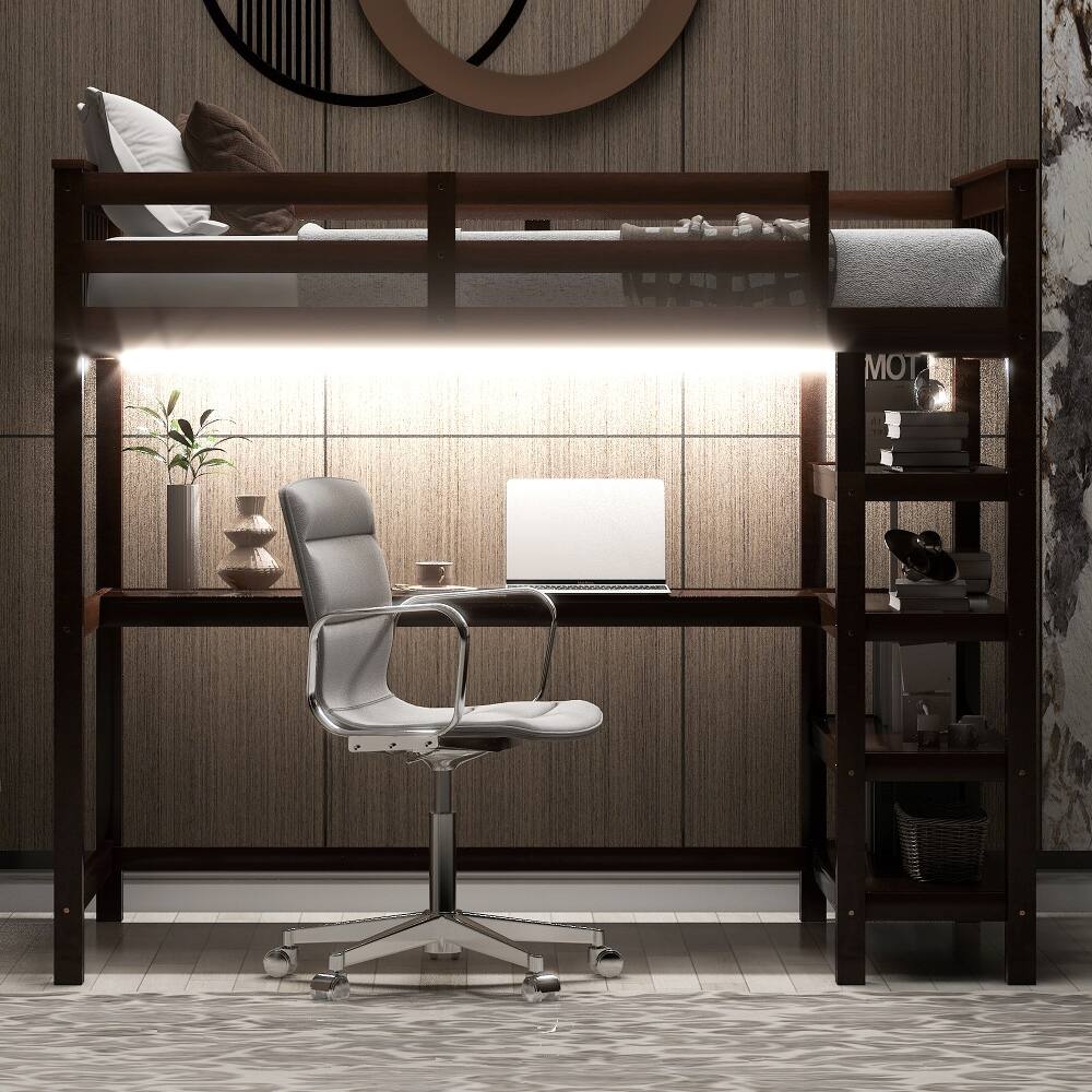 Alt View 2. Loheer - Loheer Twin Size Loft Bed with Desk and Storage Shelves, Espresso Wood Loft Bed with LED Lights - Espresso.