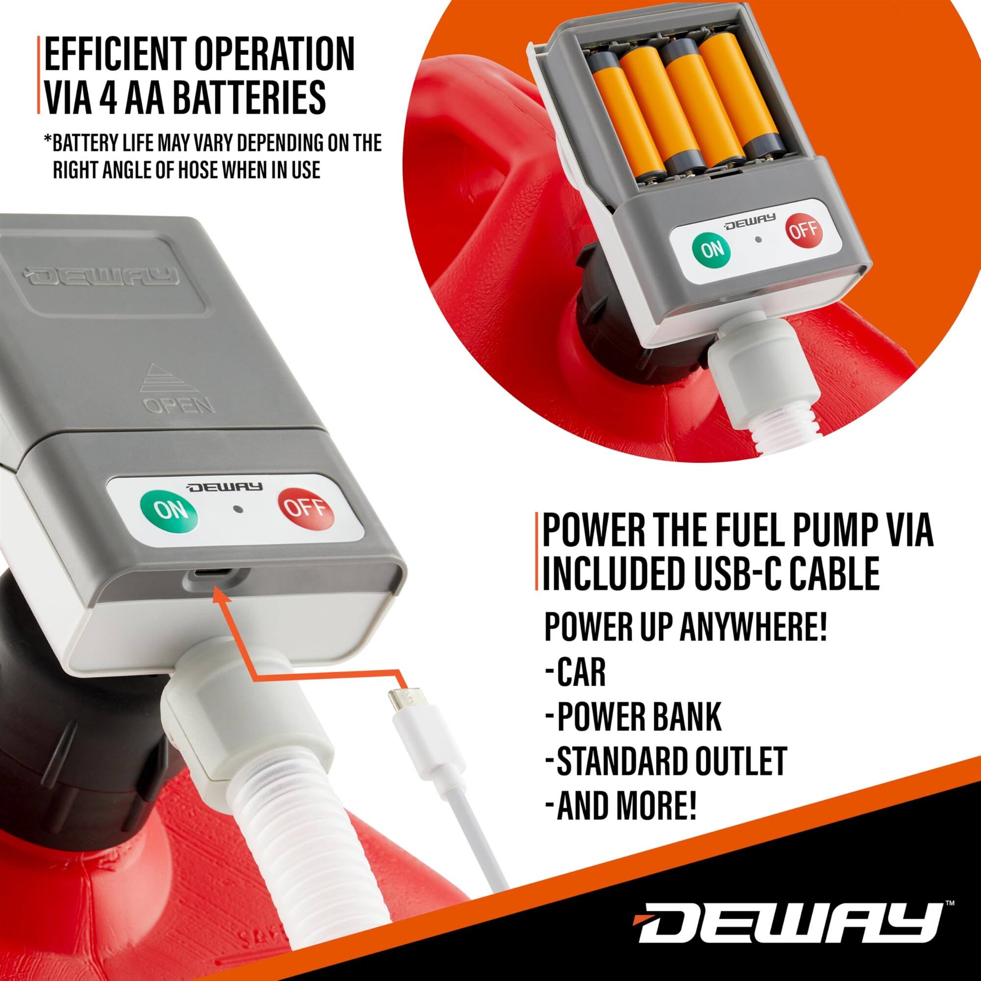 EFFICIENT OPERATION VIA 4 AA BATTERIES *BATTERY LIFE MAY VARY DEPENDING ON THE RIGHT ANGLE OF HOSE WHEN IN USE

DEWAY

ON OFF

DEWAY

ON OFF

POWER THE FUEL PUMP VIA INCLUDED USB-C CABLE

POWER UP ANYWHERE!

-CAR

-POWER BANK

-STANDARD OUTLET

-AND MORE!

DEWAY