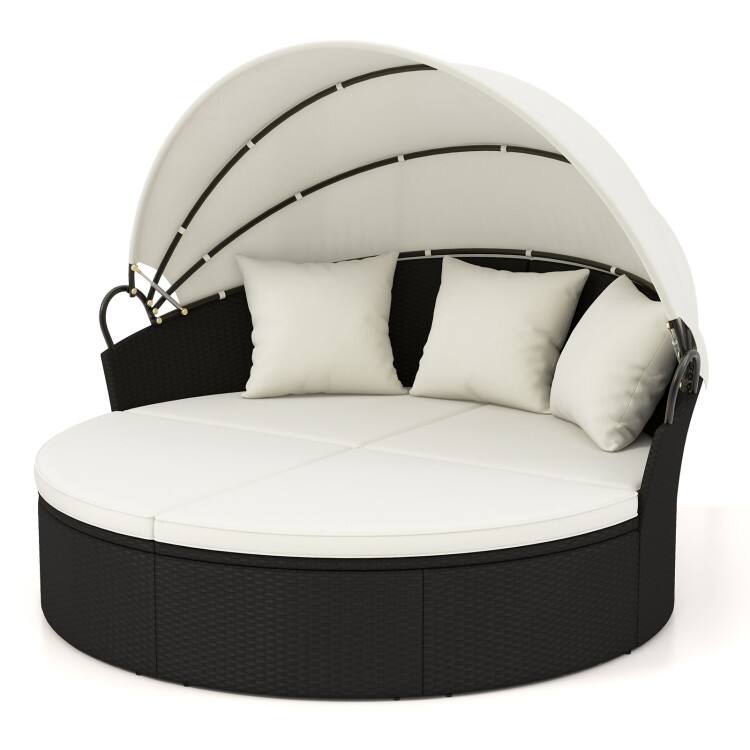 Front. SlickBlue - Clamshell Patio Round Daybed with Wicker, Retractable Canopy, and Pillows - Off White.