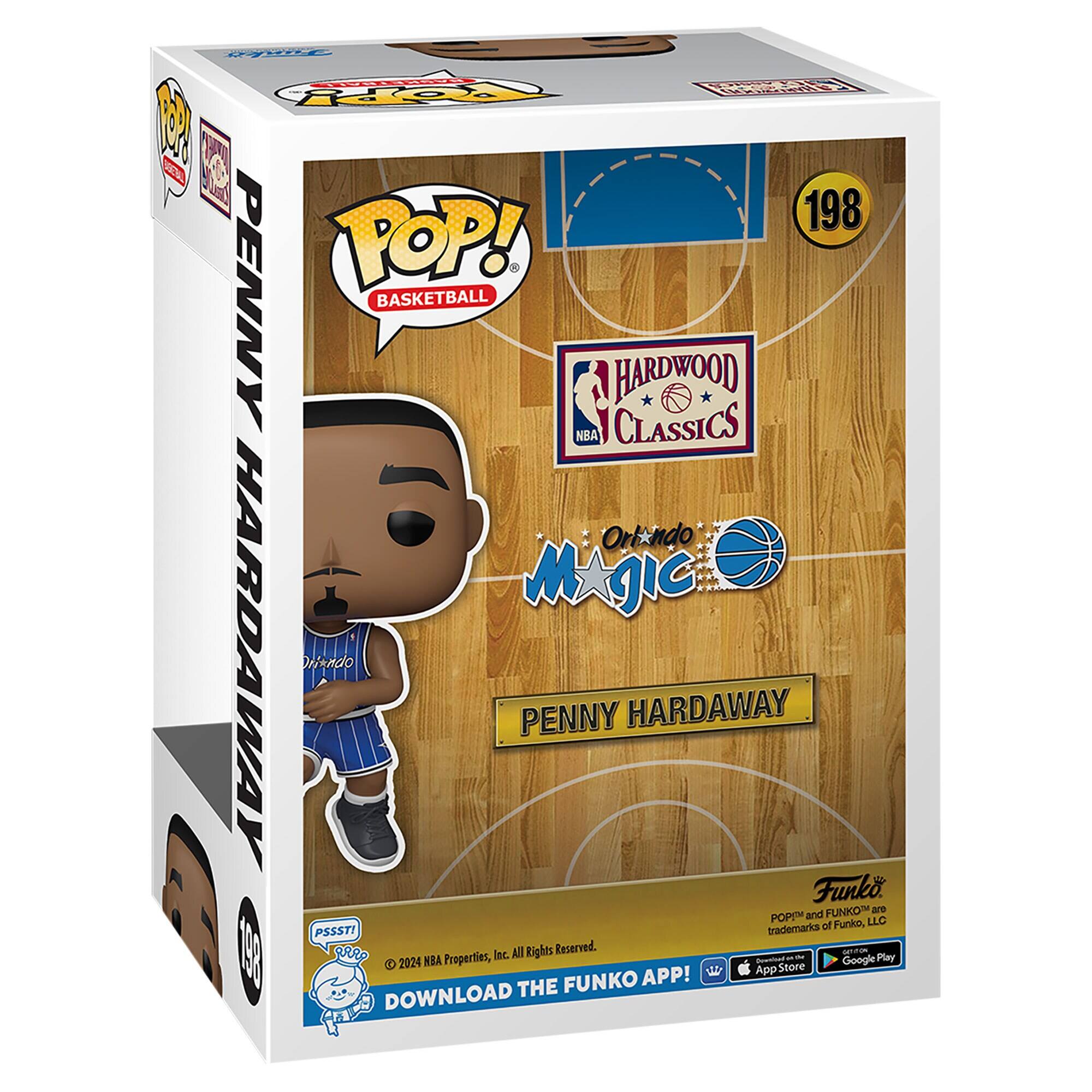 Sure, here is the corrected and grouped text from the image:

---

**Front:**

- **Top Left:** POP! BASKETBALL
- **Top Right:** 198
- **Middle:** HARDWOOD CLASSICS NBA
- **Below Logo:** Orlando Magic
- **Center:** PENNY HARDAWAY
- **Bottom Right:** Funko
  - POP! and FUNKO are trademarks of Funko, LLC
  - © 2024 NBA Properties, Inc. All Rights Reserved.
- **Bottom:** DOWNLOAD THE FUNKO APP!
  - App Store
  - Google Play

**Side:**

- **Top:** PENNY HARDAWAY
- **Bottom:** 198

**Top of Box:**

- **Left:** POP! BASKETBALL
- **Right:** 198

**Bottom Left:**

- **Logo:** PSSST! BRRP
- **Text:** © 2024 NBA Properties, Inc. All Rights Reserved.

---