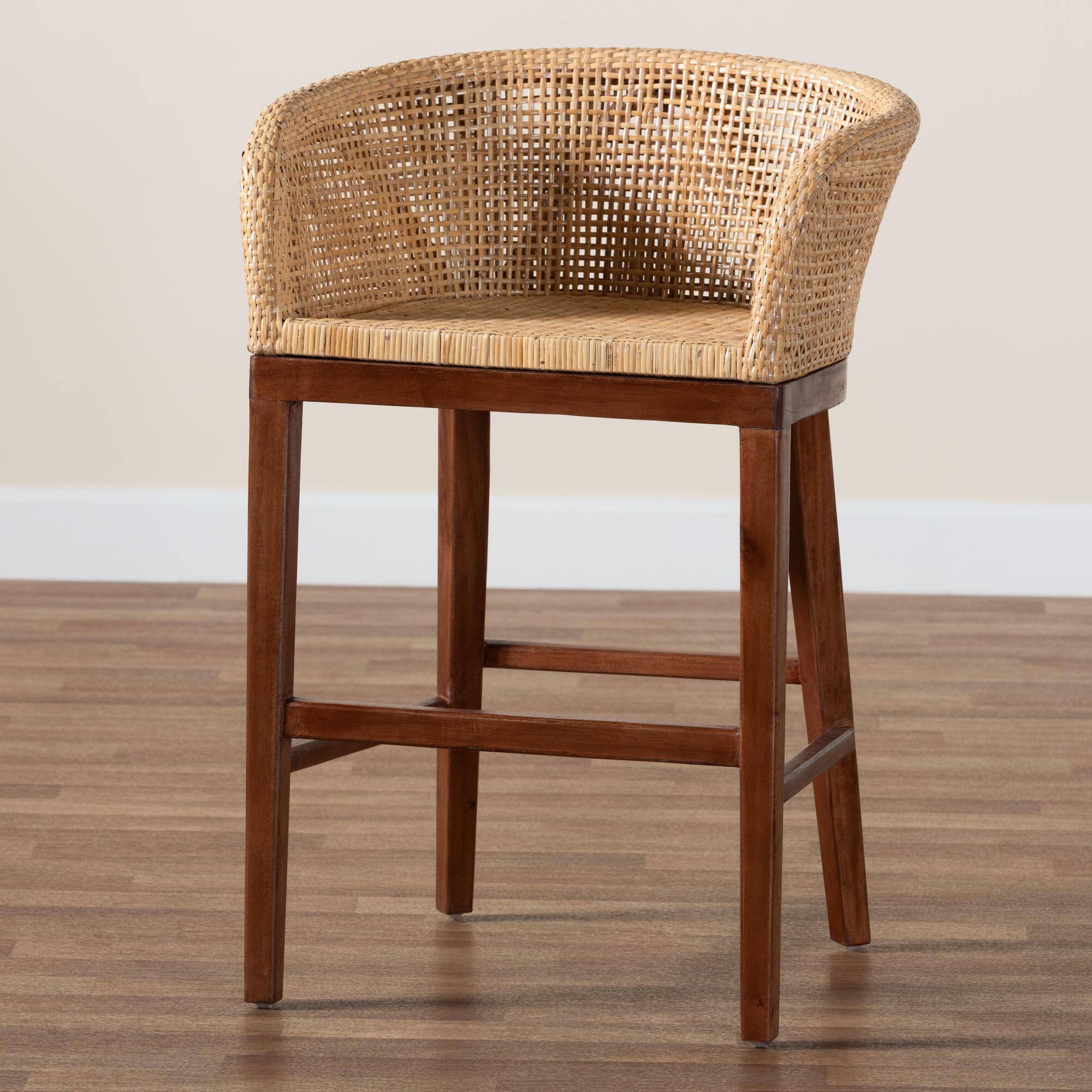 Alt View 5. bali & pari - Papua Modern Bohemian Natural Rattan and Walnut Acacia Wood Counter Stool - Natural Brown/Walnut Brown.