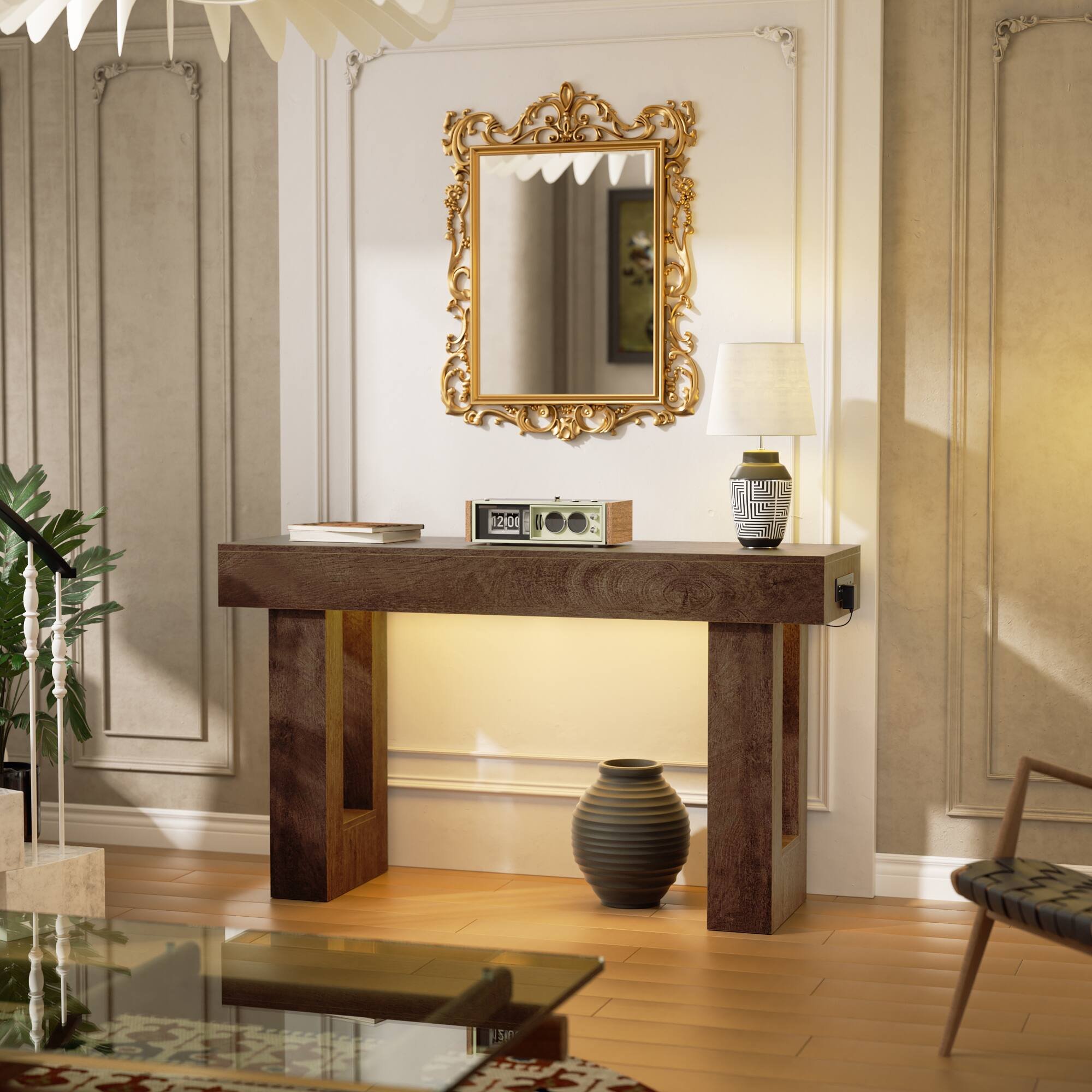 Alt View 3. Aheaplus - 47" Farmhouse Narrow Console Table - Socket, Sensor Light & Storage for Entryway/Hallway/Living Room - Rustic Oak.