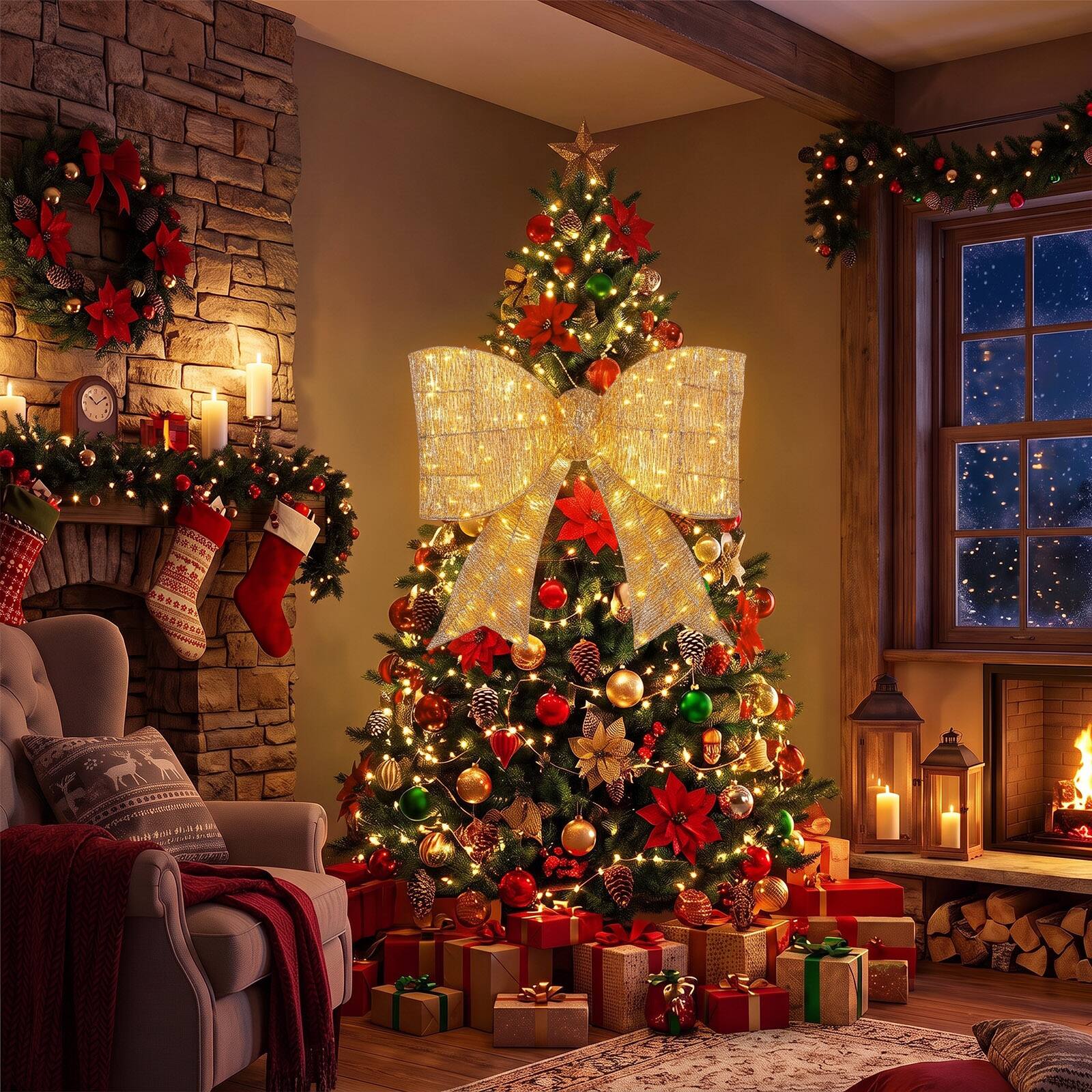 Alt View 1. Costway - Costway 1 PCS 30" Christmas Lighted Bow Decoration,120 Pre-Lit Warm White LED Lights for Porch - Golden.