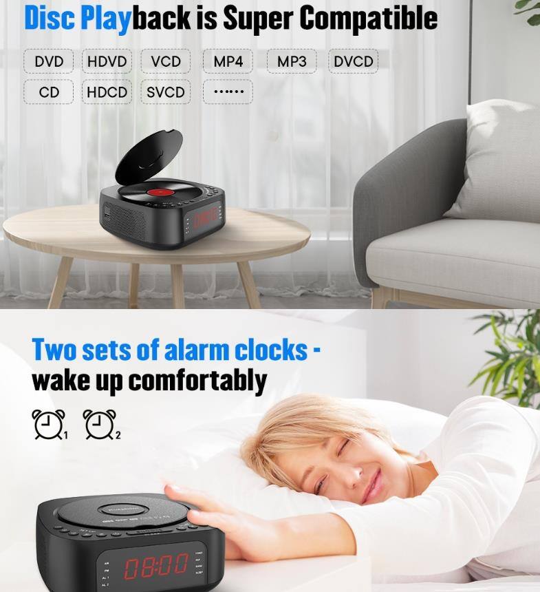 Disc Playback is Super Compatible  
DVD HDVD VCD MP4 MP3 DVCD CD HDCD SVCD ......  

Two sets of alarm clocks - wake up comfortably  
1 2