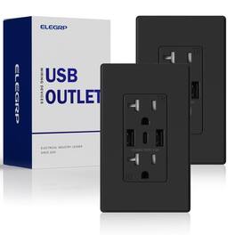 ELEGRP - 3 Ports Dual Type A & Type C USB Charger Wall Outlet, 20 Amp Tamper-Resistant Outlet w/Wall Plate, (2 Pack) - Black
