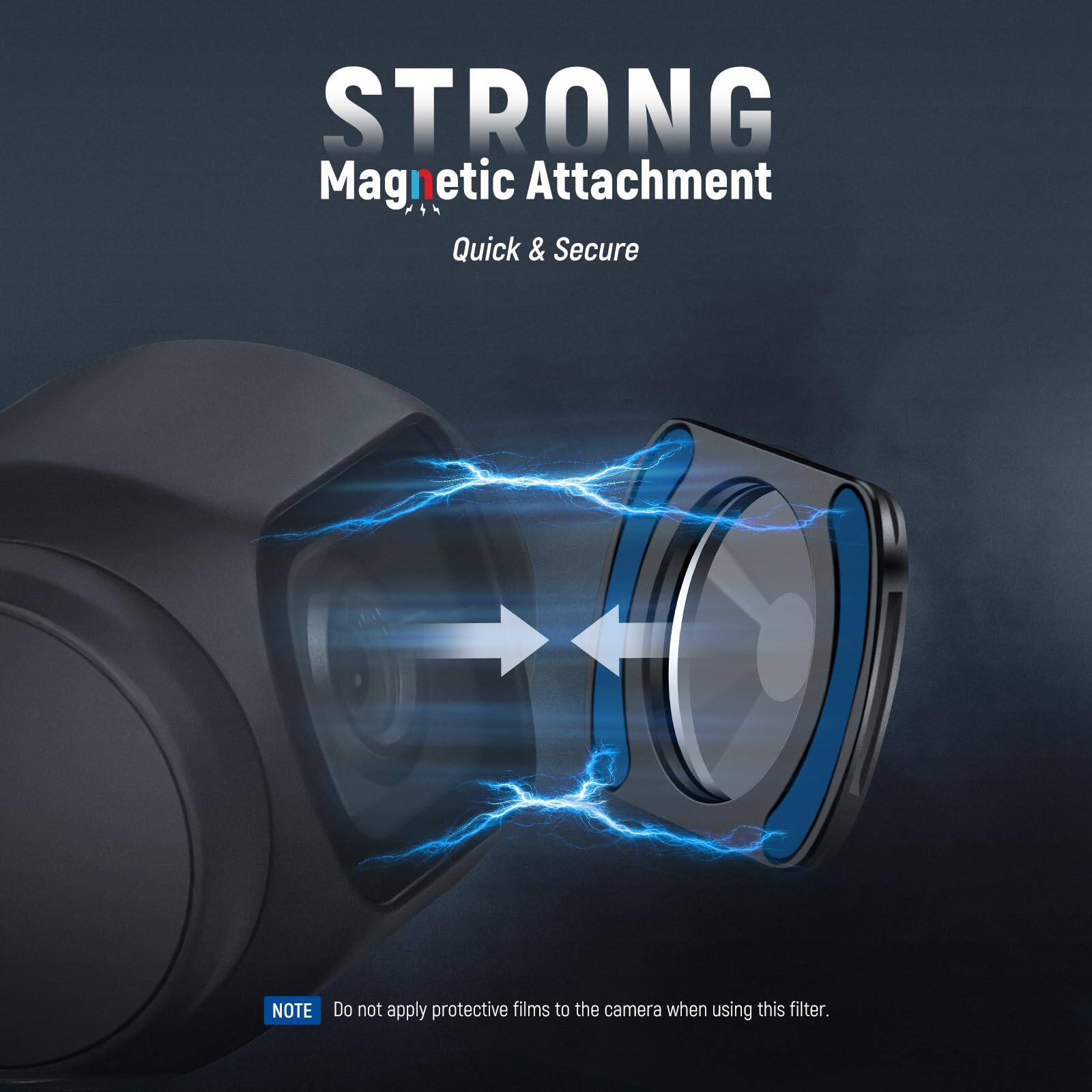 STRONG Magnetic Attachment  
Quick & Secure  

NOTE: Do not apply protective films to the camera when using this filter.