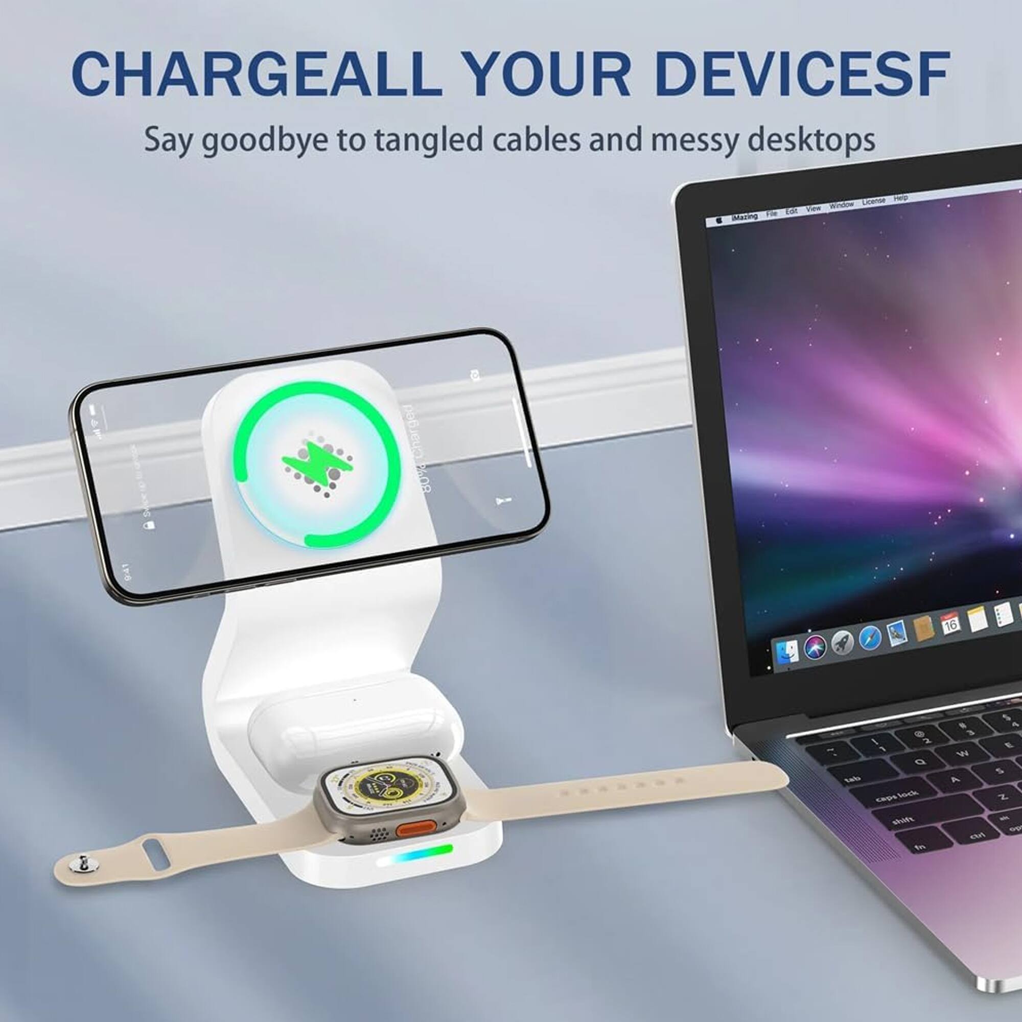 CHARGE ALL YOUR DEVICES  
Say goodbye to tangled cables and messy desktops