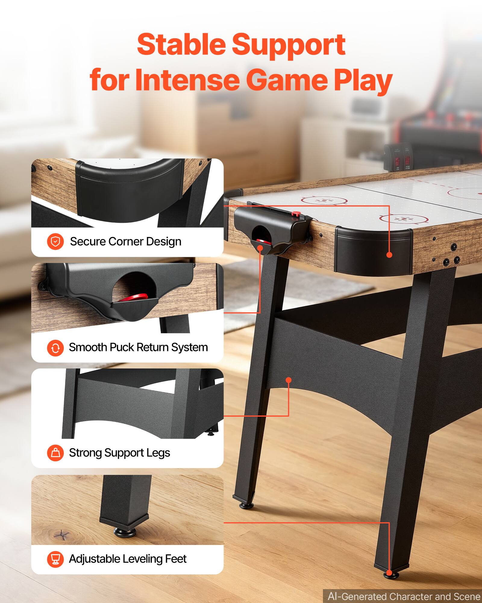 Stable Support for Intense Game Play

Secure Corner Design

Smooth Puck Return System

Strong Support Legs

Adjustable Leveling Feet

AI-Generated Character and Scene